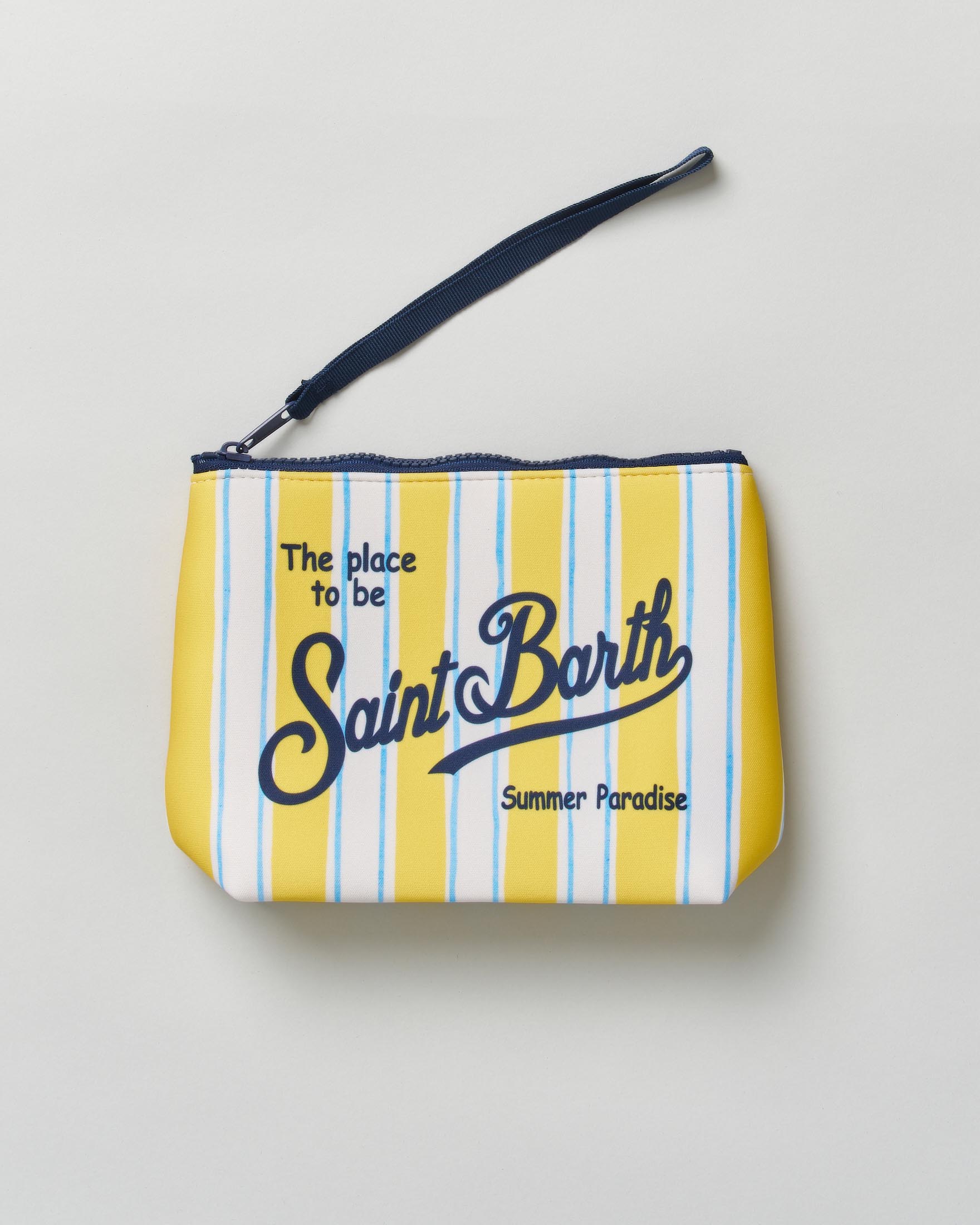 Pochette a righe larghe gialle e bianche in scuba con stampa logo a contrasto