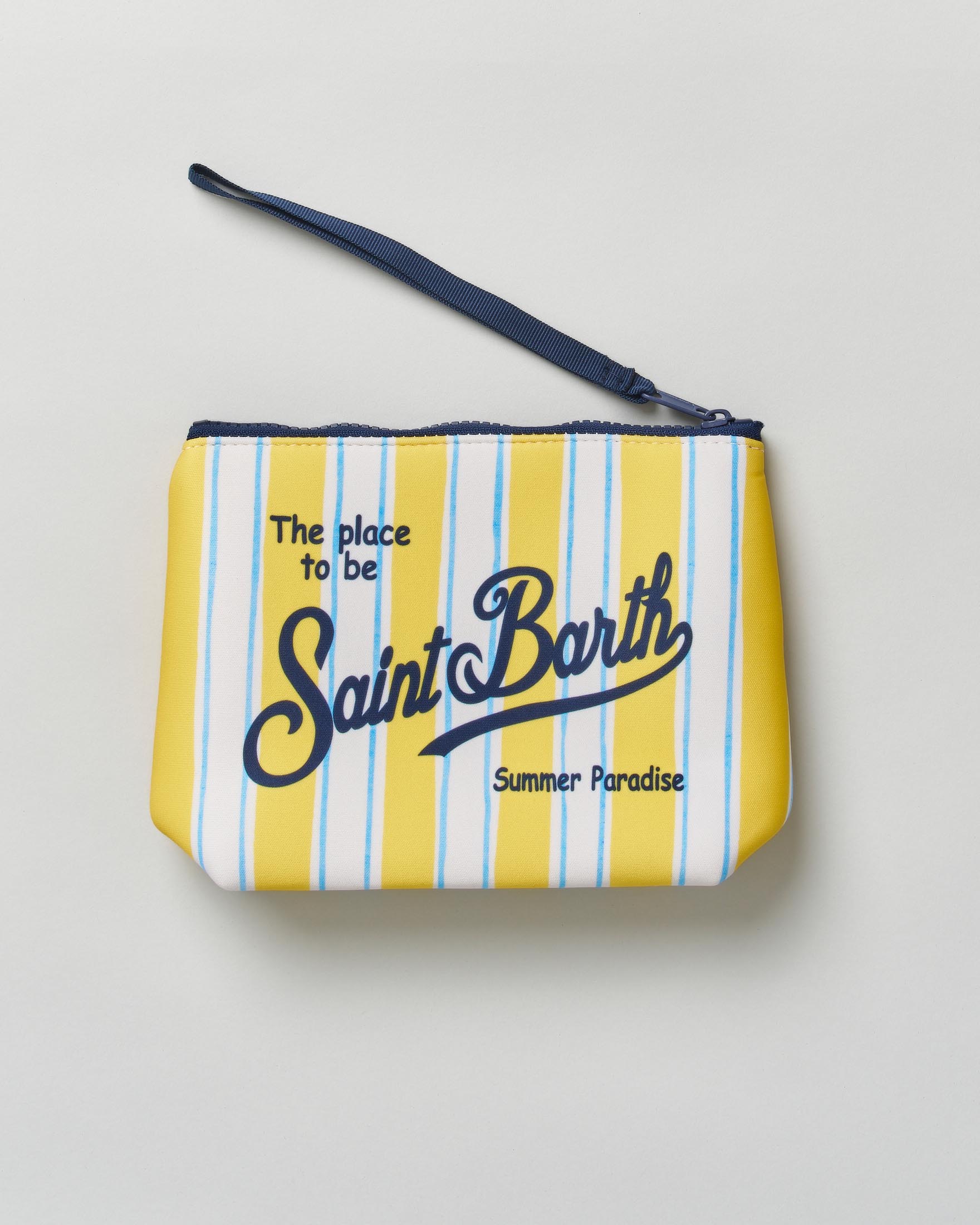 Pochette MC2 Saint Barth a righe larghe gialle e bianche in scuba con stampa logo a contrasto image