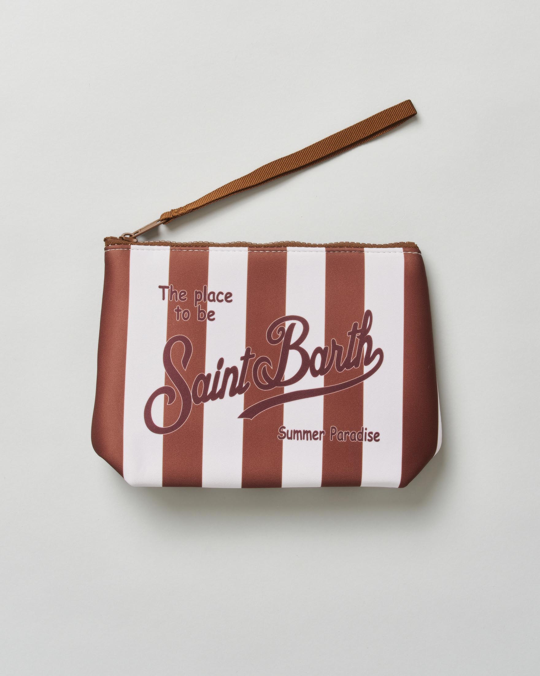 Pochette Aline MC2 Saint Barth a righe larghe marroni e bianche in tessuto scuba
