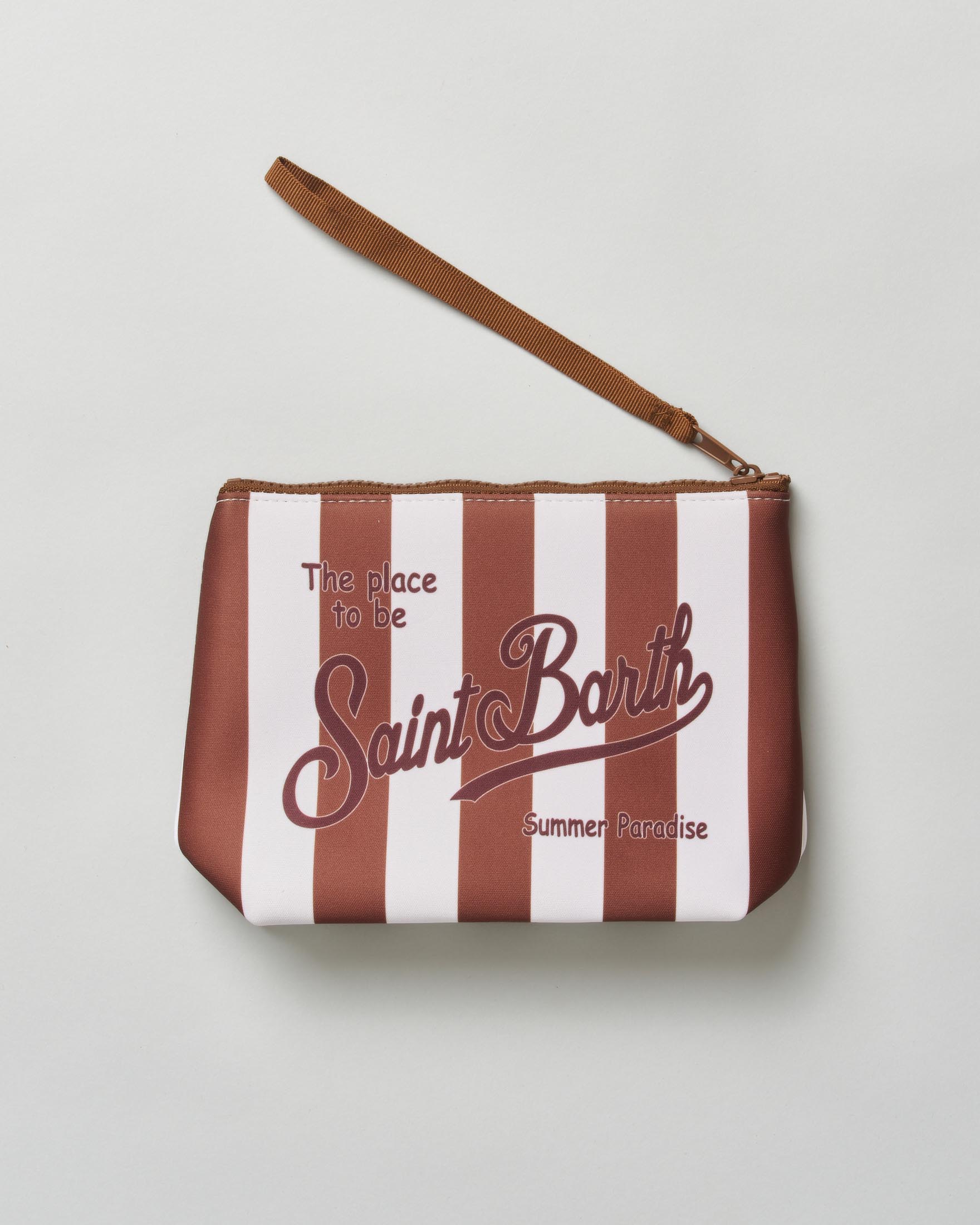 Pochette Aline MC2 Saint Barth a righe larghe marroni e bianche in tessuto scuba image