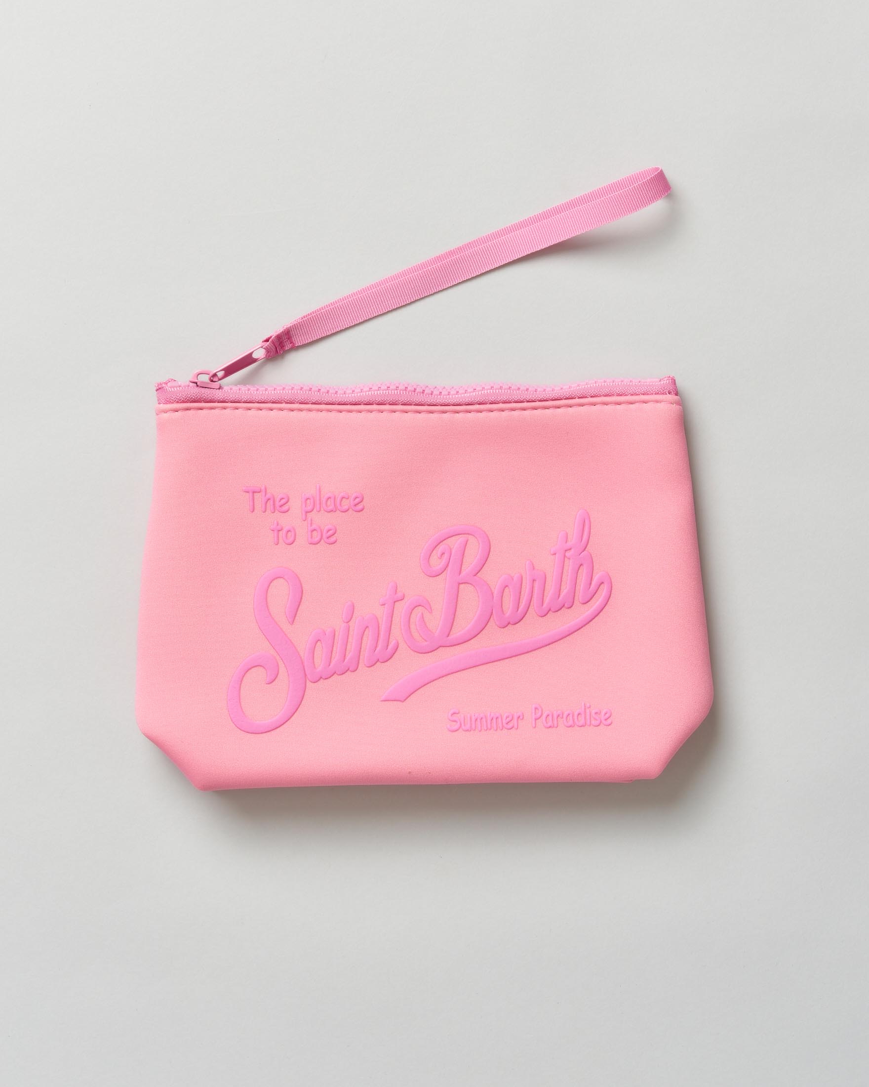 Pochette Aline rosa in scuba con scritta logo stampata a contrasto