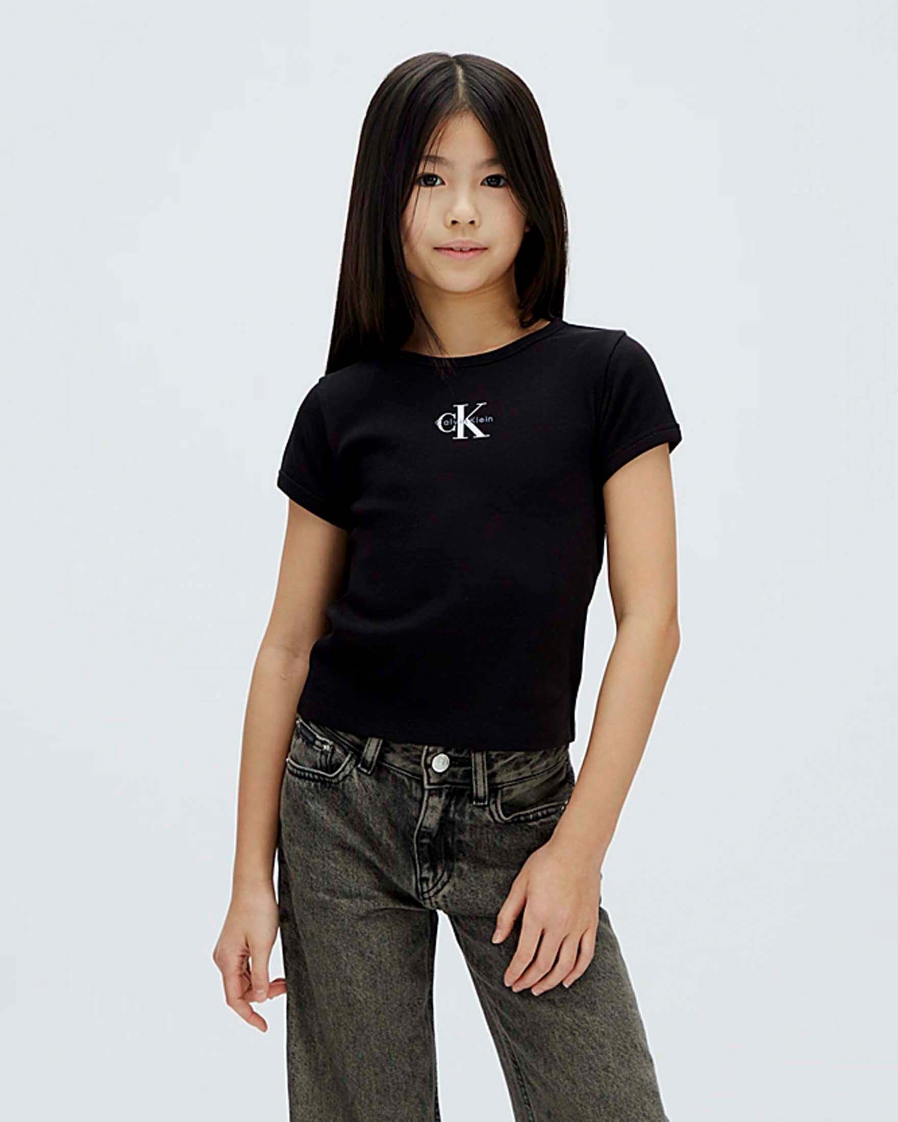 T-shirt nera Calvin Klein in cotone stretch a maniche corte con mini logo bianco