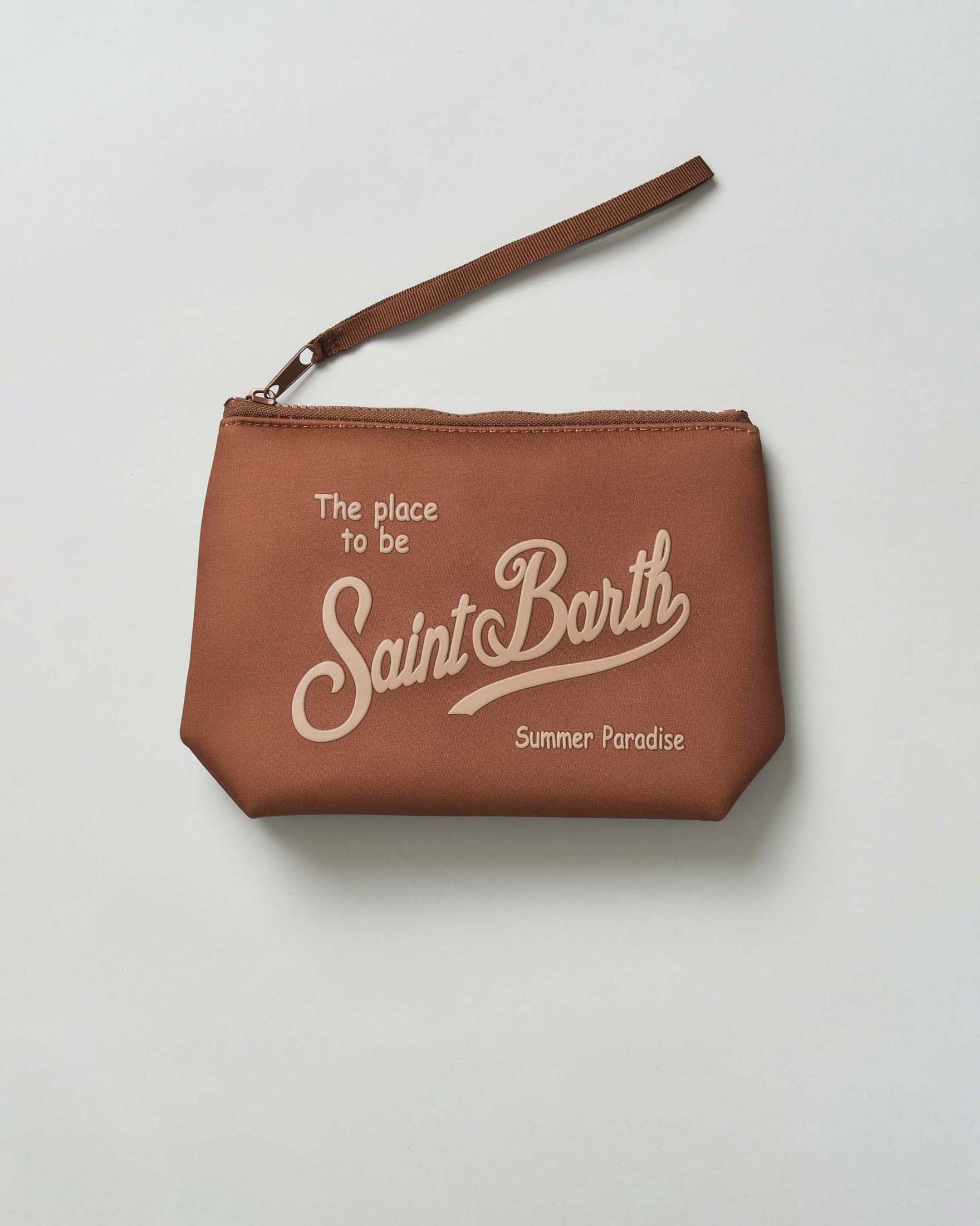 Pochette Aline marrone in scuba con scritta logo stampata a contrasto