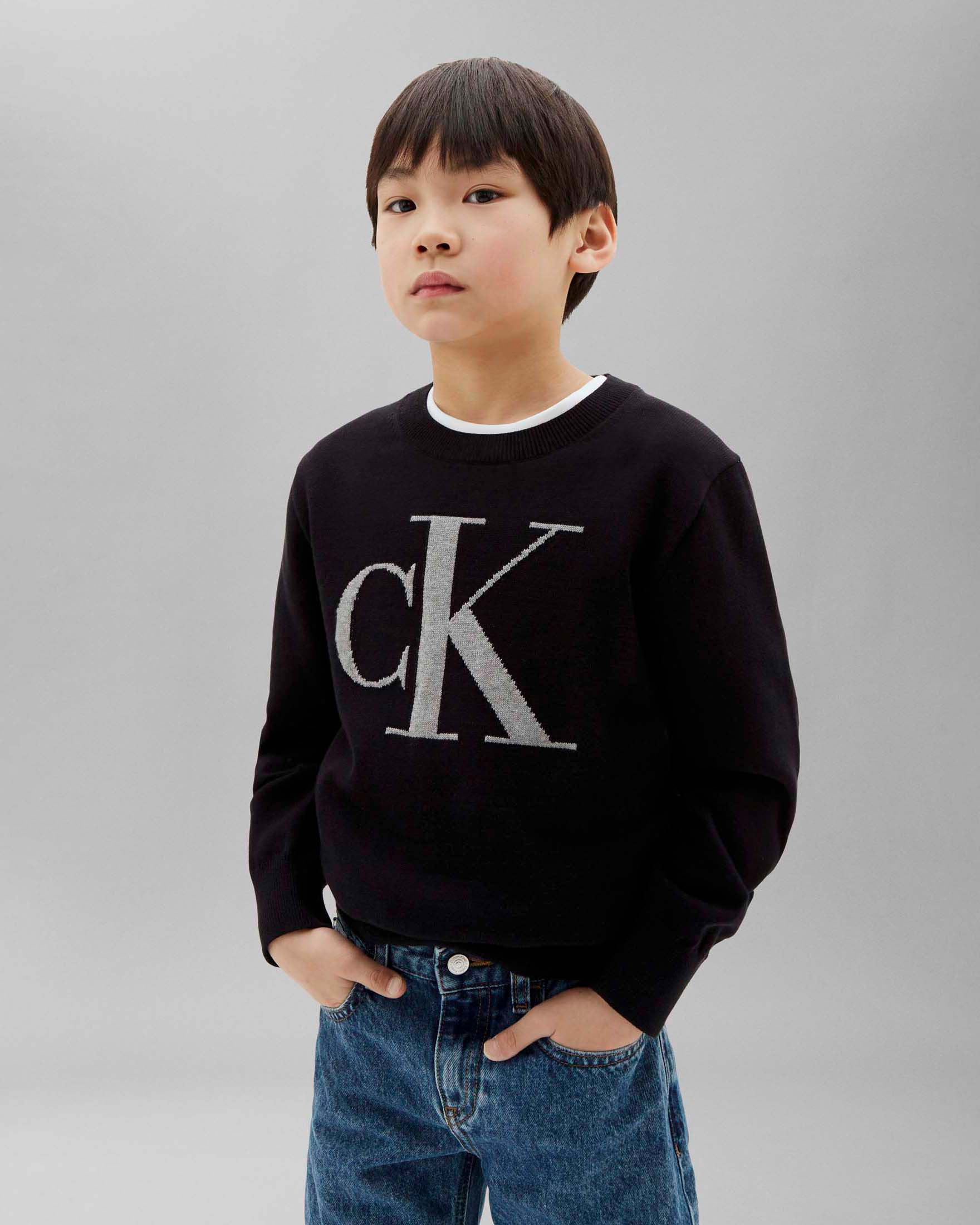 Maglione nero in puro cotone con maxi logo grigio tricot
