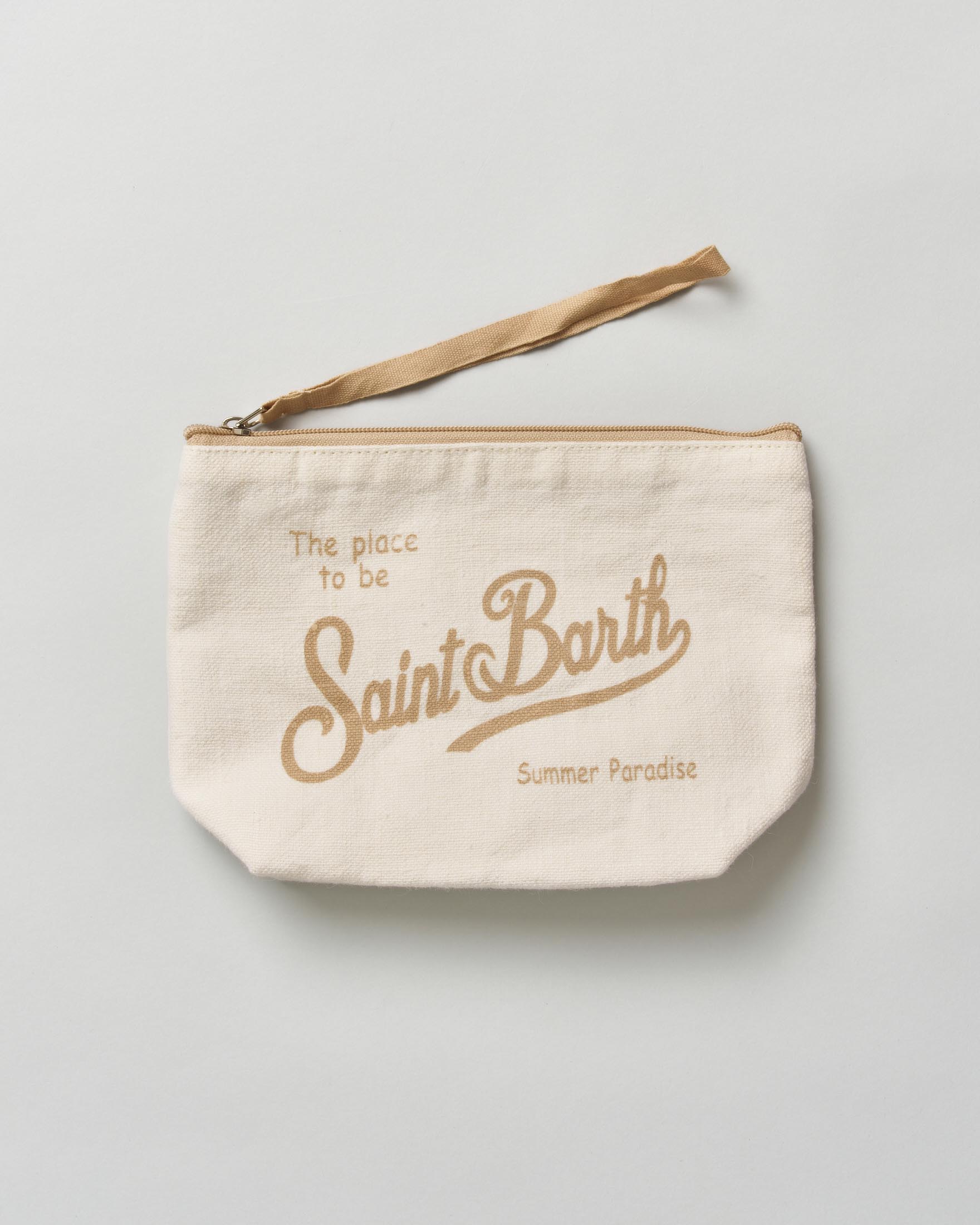 Pochette bianca in lino con scritta logo ricamata a contrasto di colore