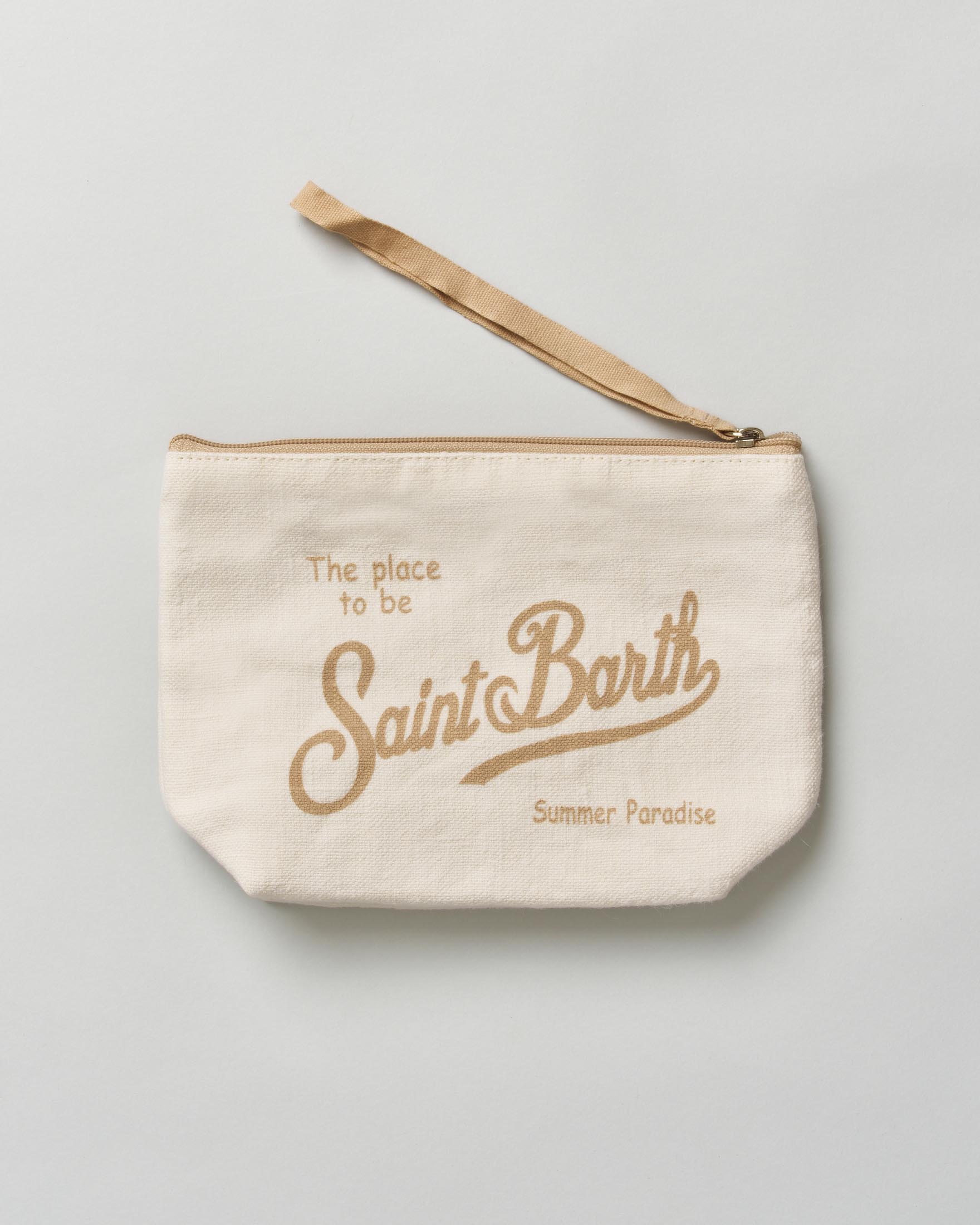 Pochette MC2 Saint Barth bianca in lino con scritta logo ricamata a contrasto di colore image