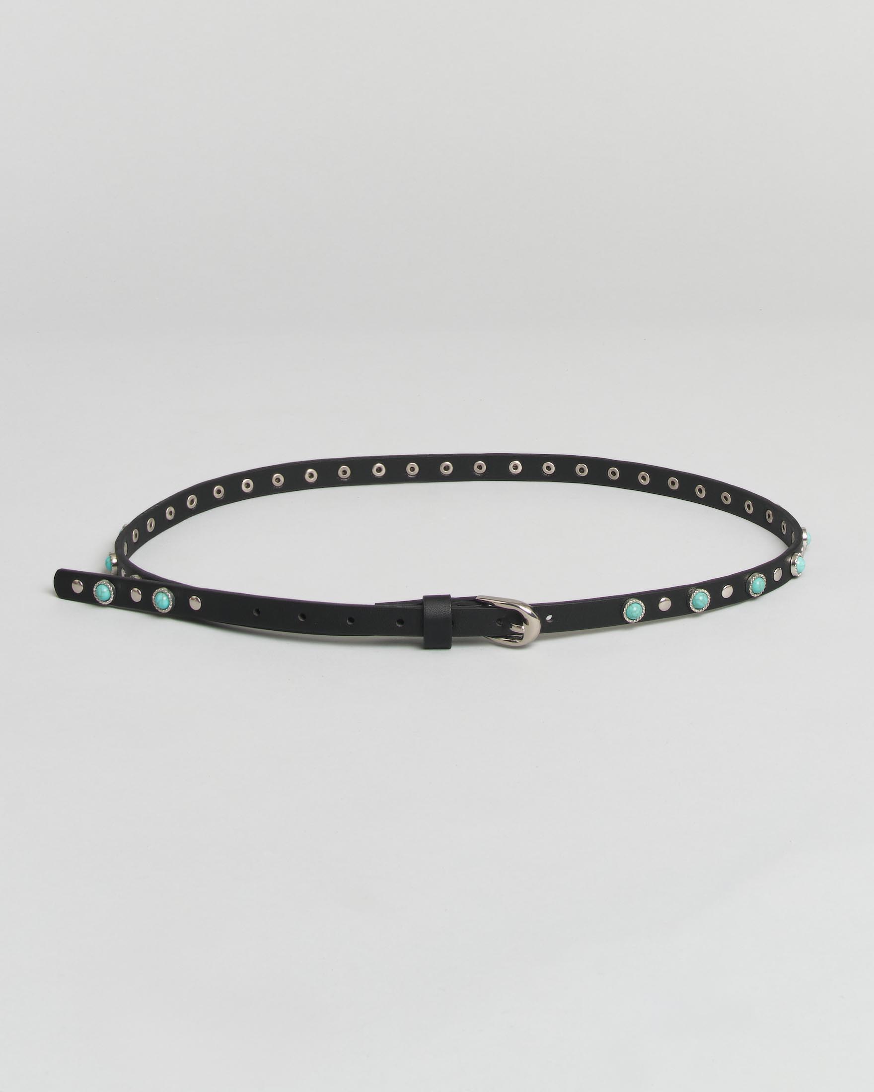 Cintura sottile Hlo! in pelle nera con borchie argento e pietre turchesi