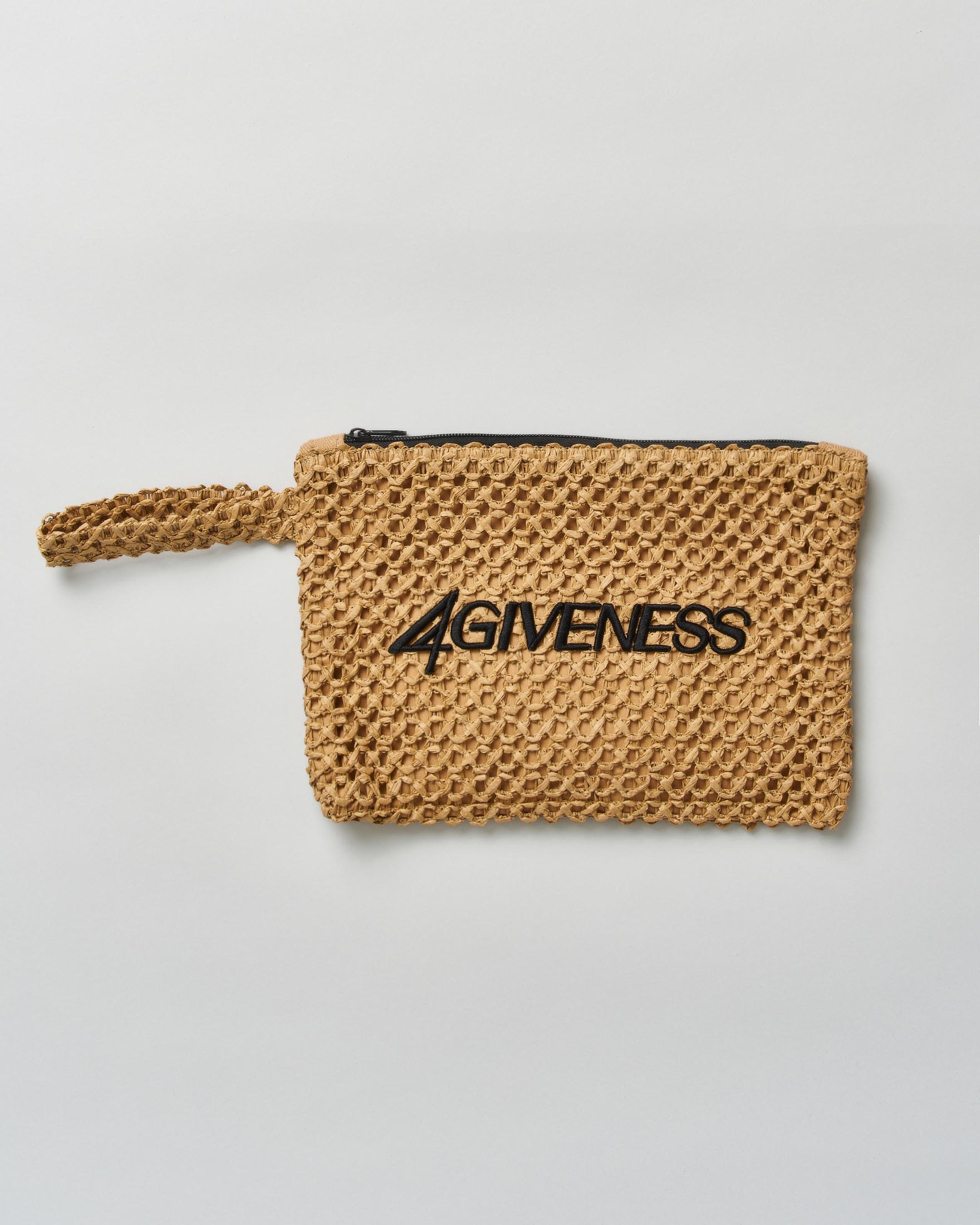Pochette mare grande 4Giveness in rafia naturale con manico da polso e logo ricamato nero