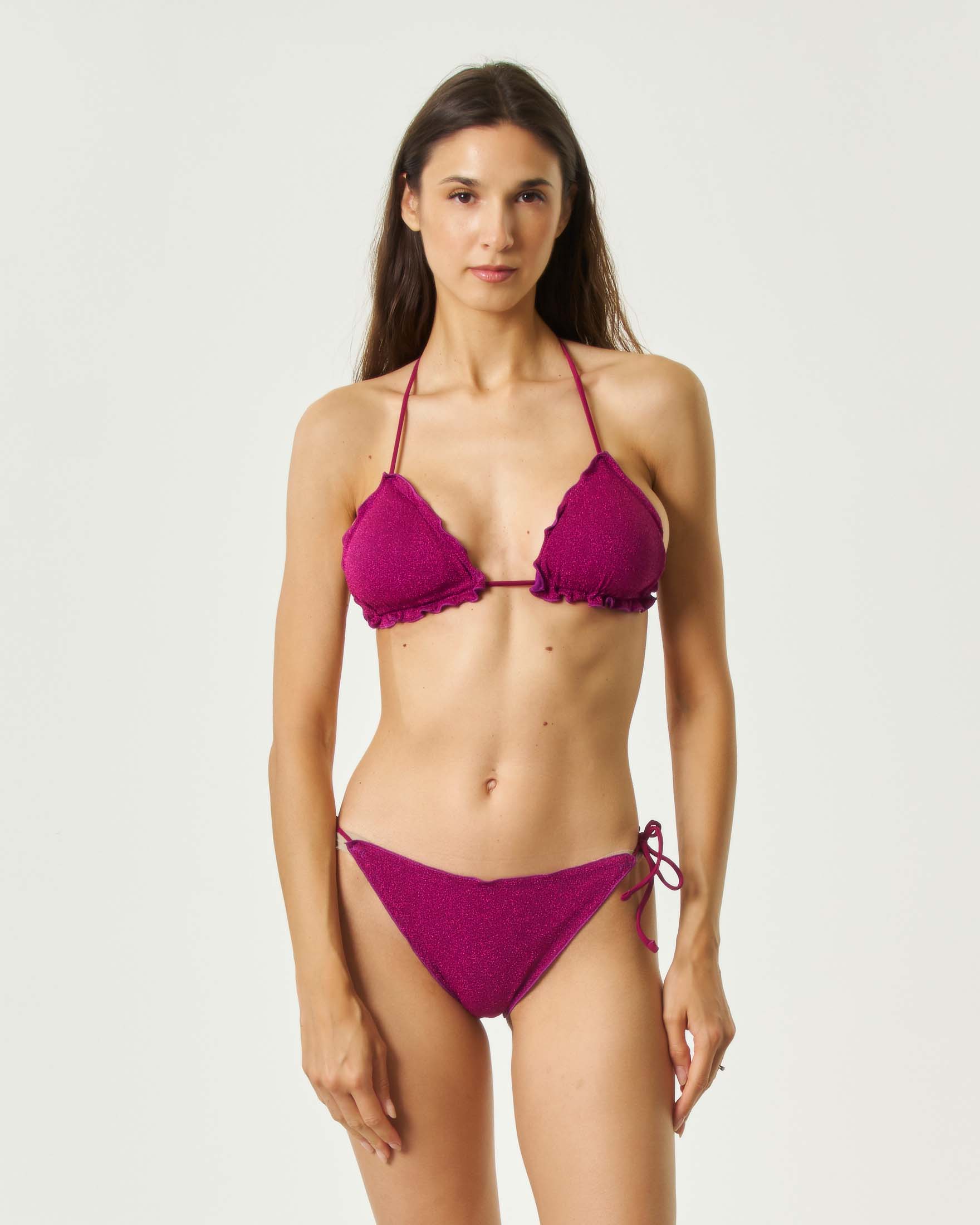 Bikini due pezzi 4Giveness viola in viscosa e lurex con top a triangolo e slip classico con laccetti