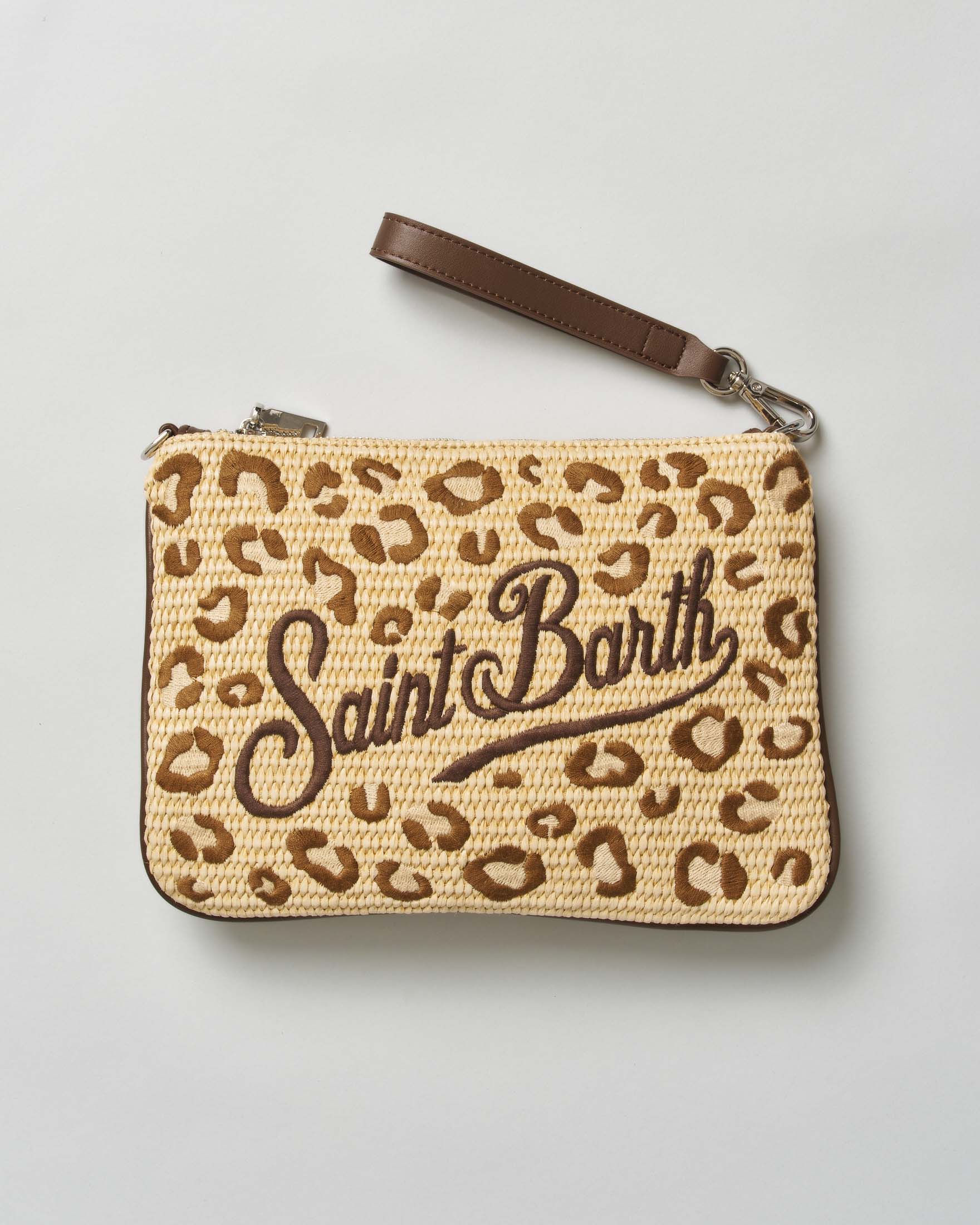 Pochette Parisienne in rafia maculata beige e marrone