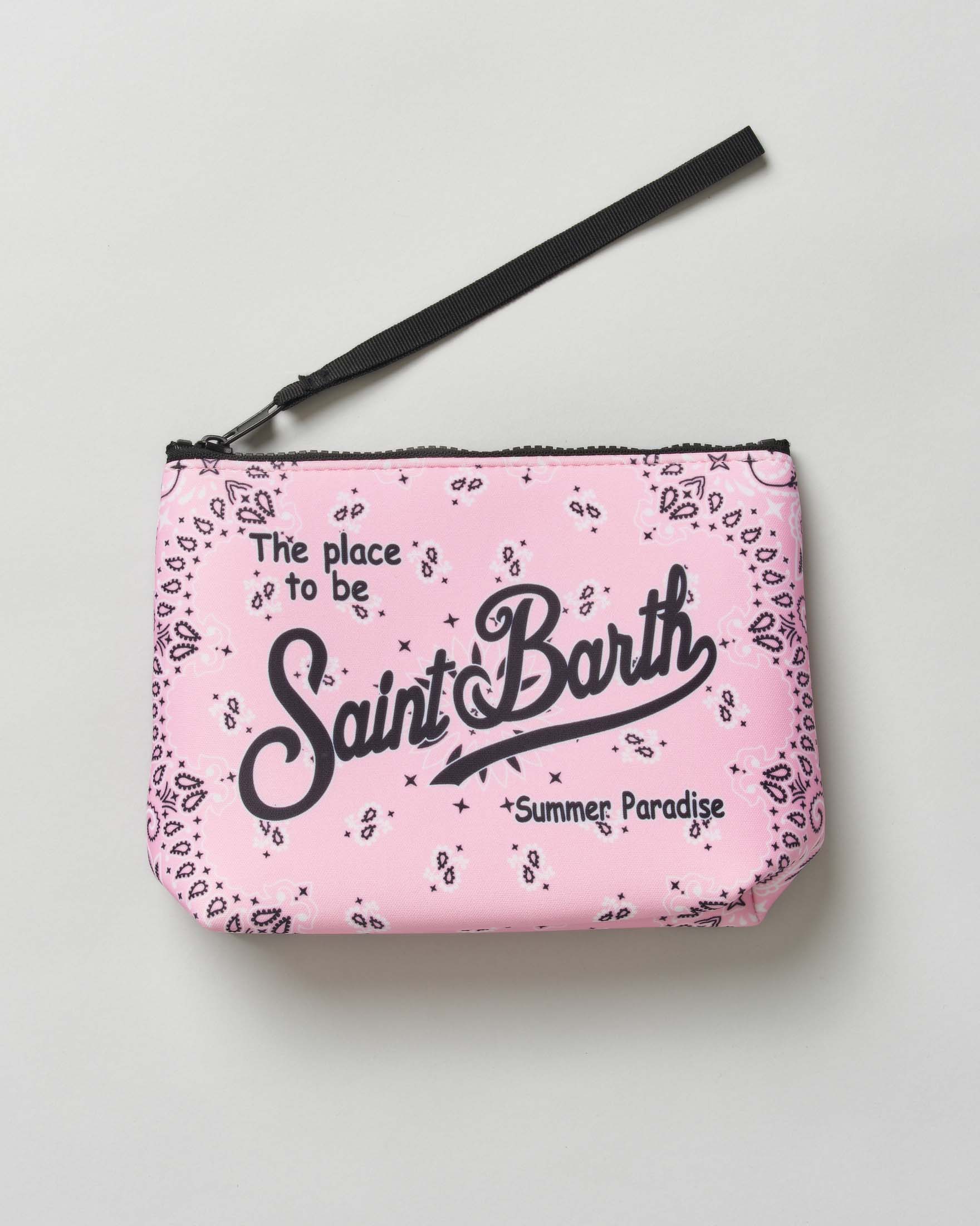 Pochette MC2 Saint Barth Aline rosa in scuba fantasia paisley con scritta logo stampata
