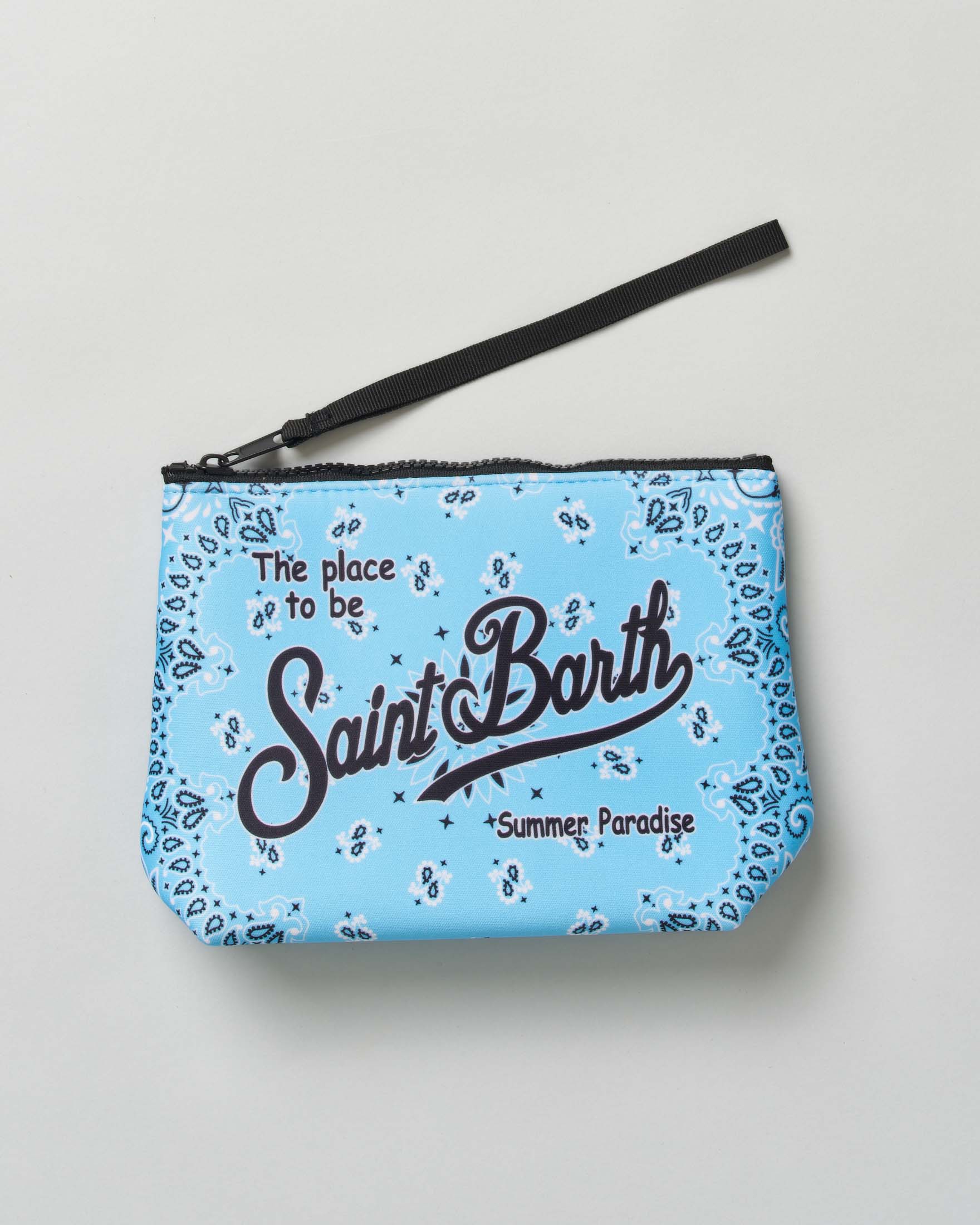 Pochette MC2 Saint Barth Aline azzurra in scuba fantasia paisley con scritta logo stampata