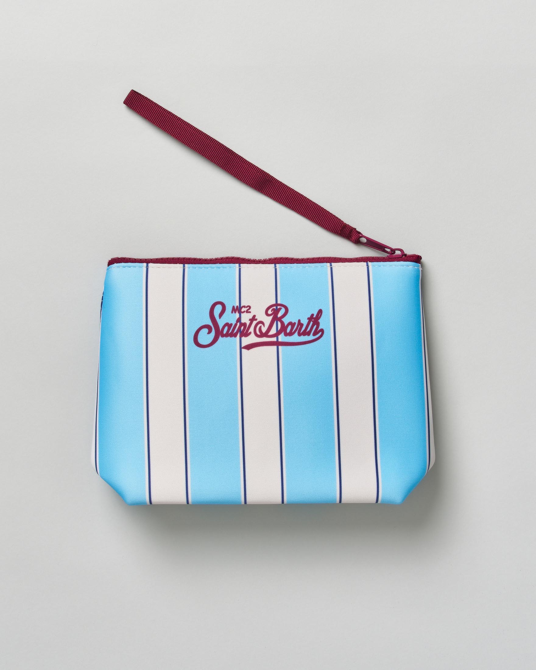 Pochette MC2 Saint Barth Aline a righe azzurre e bianche in neoprene con logo beach club image