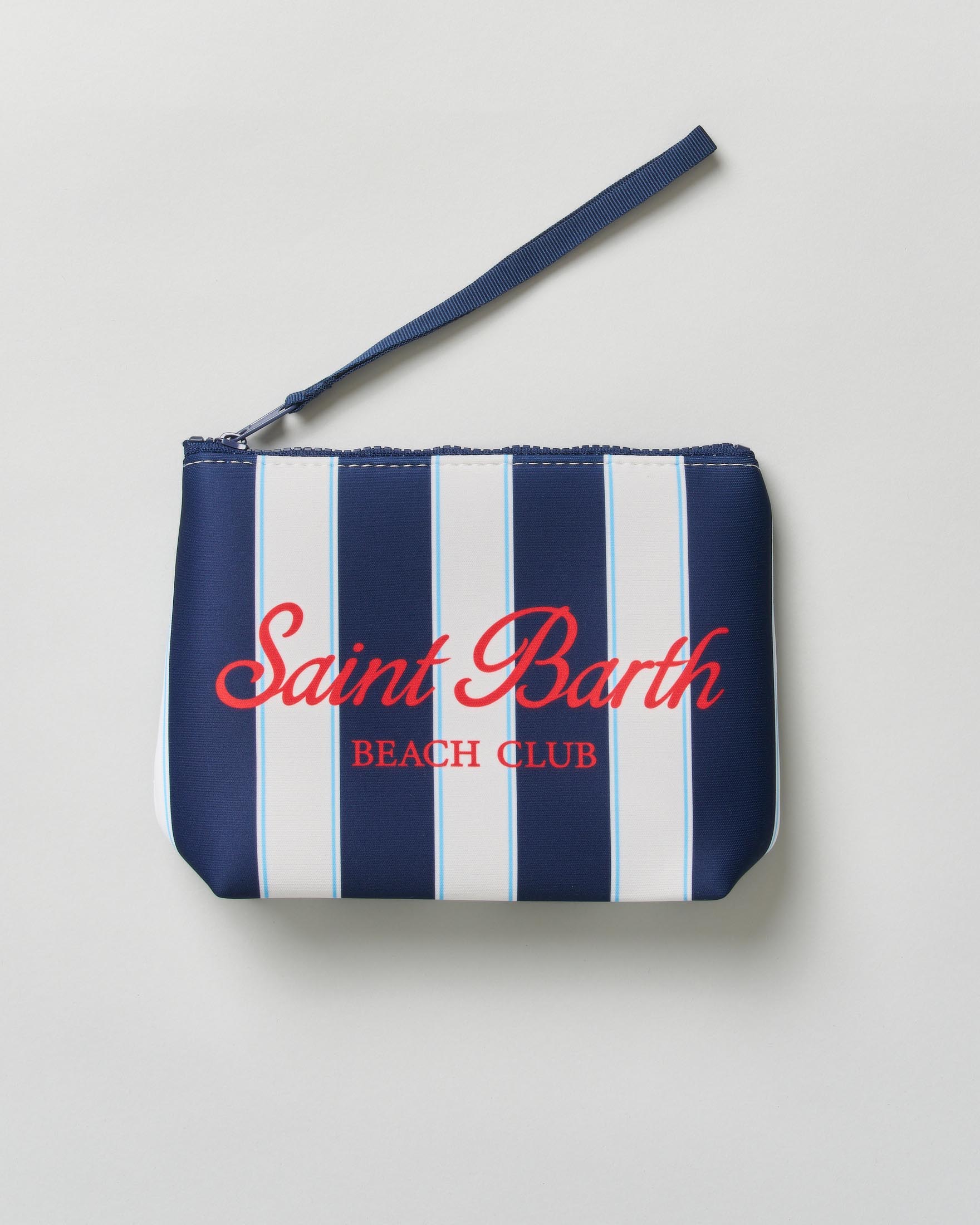 Pochette MC2 Saint Barth Aline a righe blu e bianche in neoprene con logo beach club