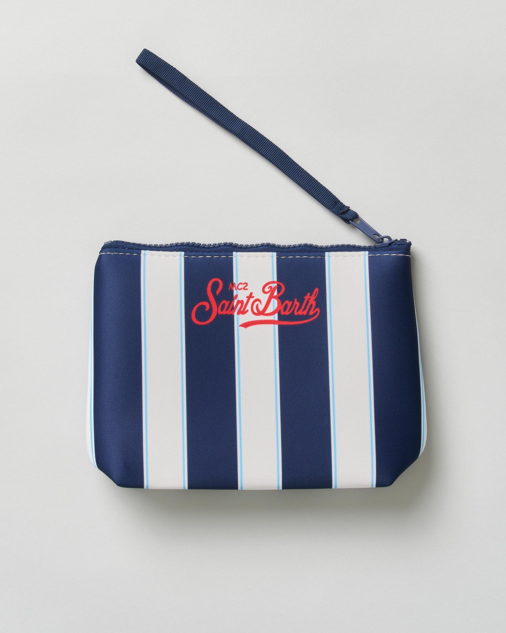 Pochette MC2 Saint Barth Aline a righe blu e bianche in neoprene con logo beach club image