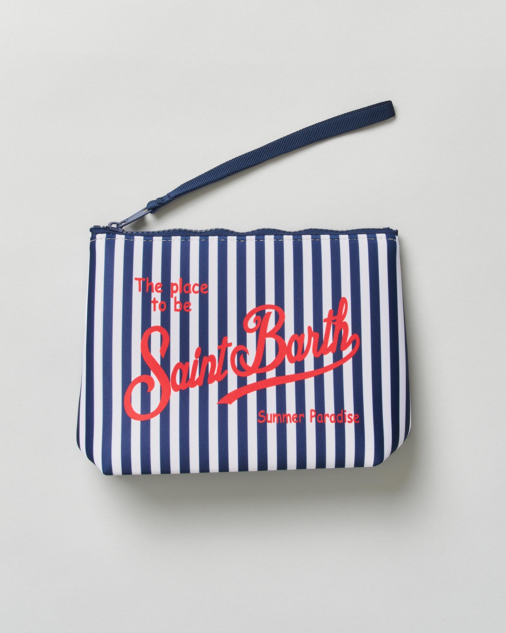 Pochette MC2 Saint Barth Aline a righe bianche e blu in neoprene con logo in contrasto