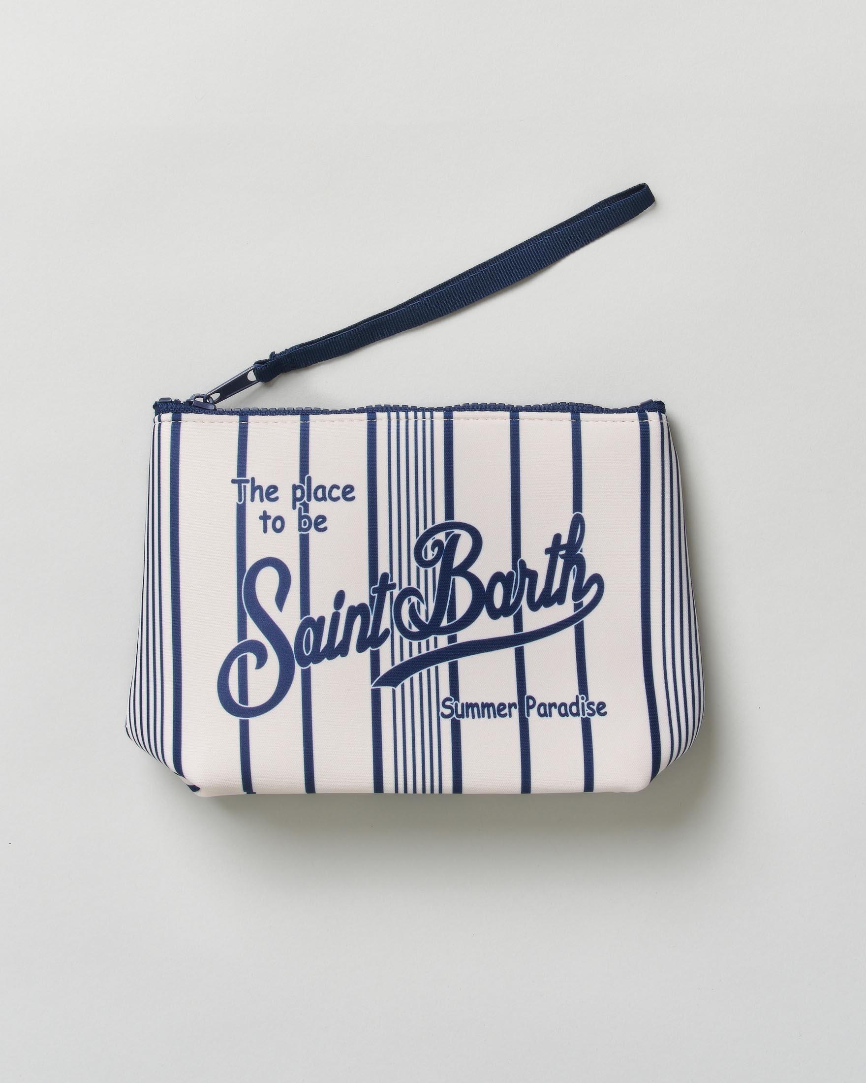 Pochette MC2 Saint Barth Aline bianca a righe blu in neoprene con logo in contrasto