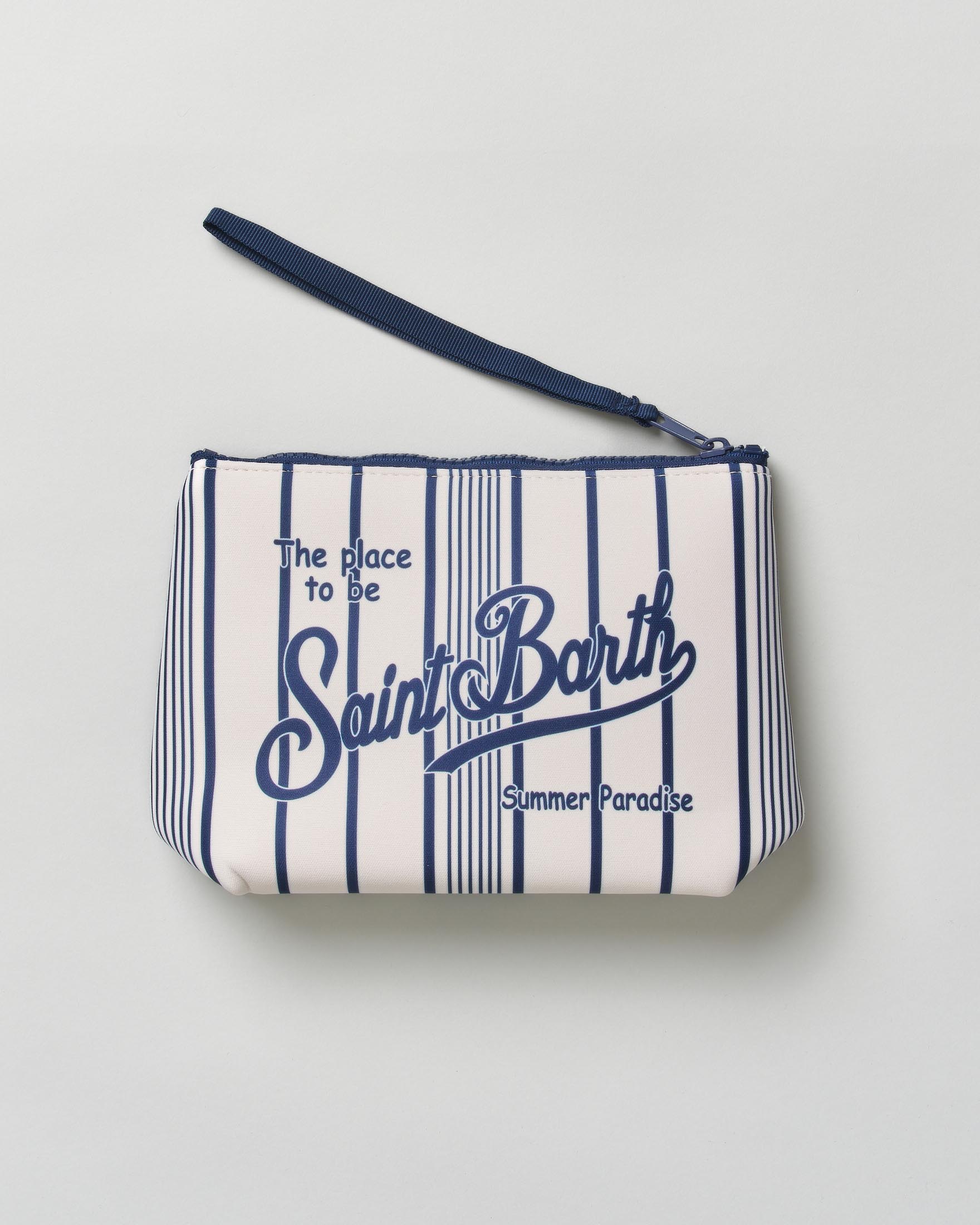 Pochette MC2 Saint Barth Aline bianca a righe blu in neoprene con logo in contrasto image