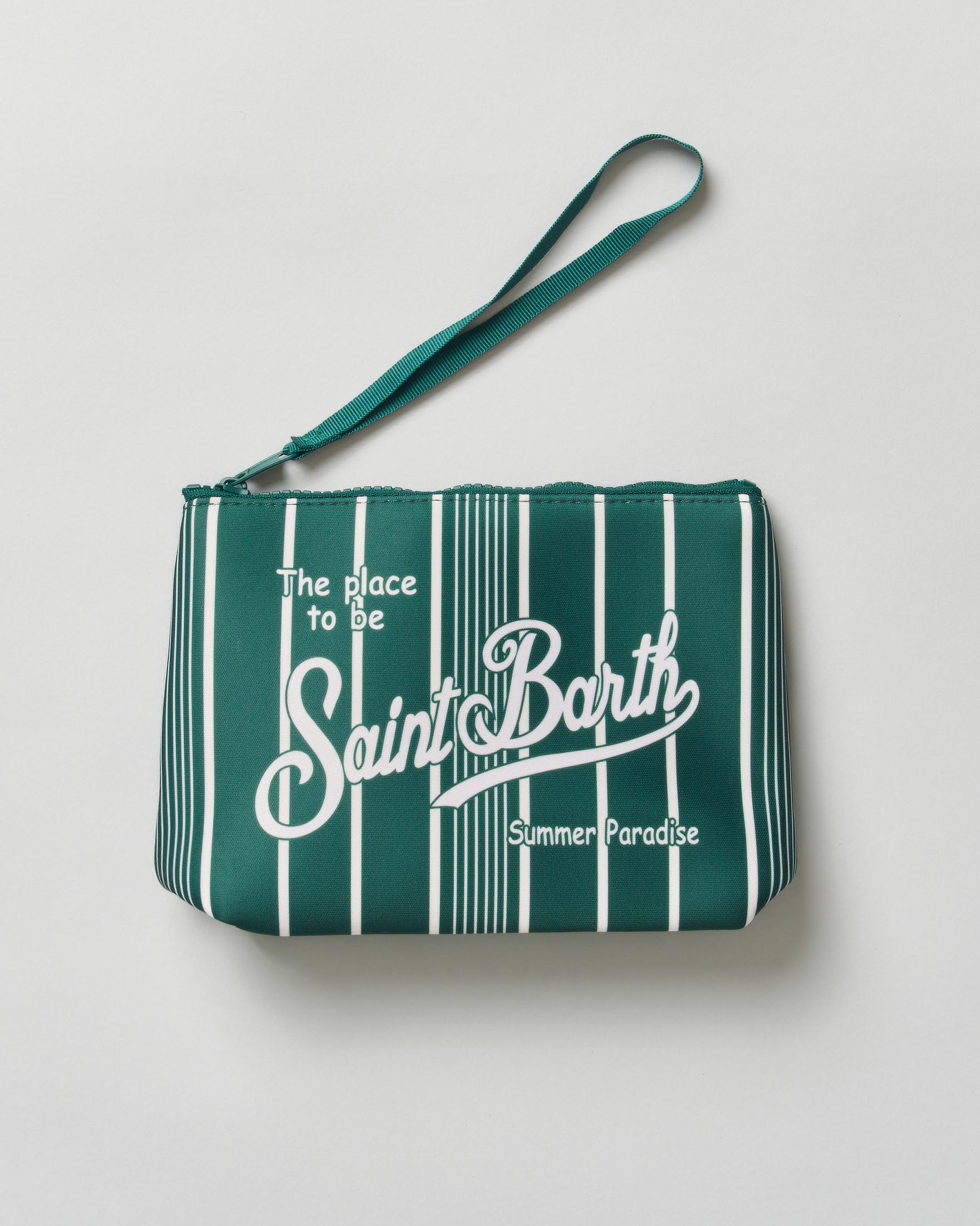 Pochette MC2 Saint Barth Aline verde a righe bianche in neoprene con logo in contrasto