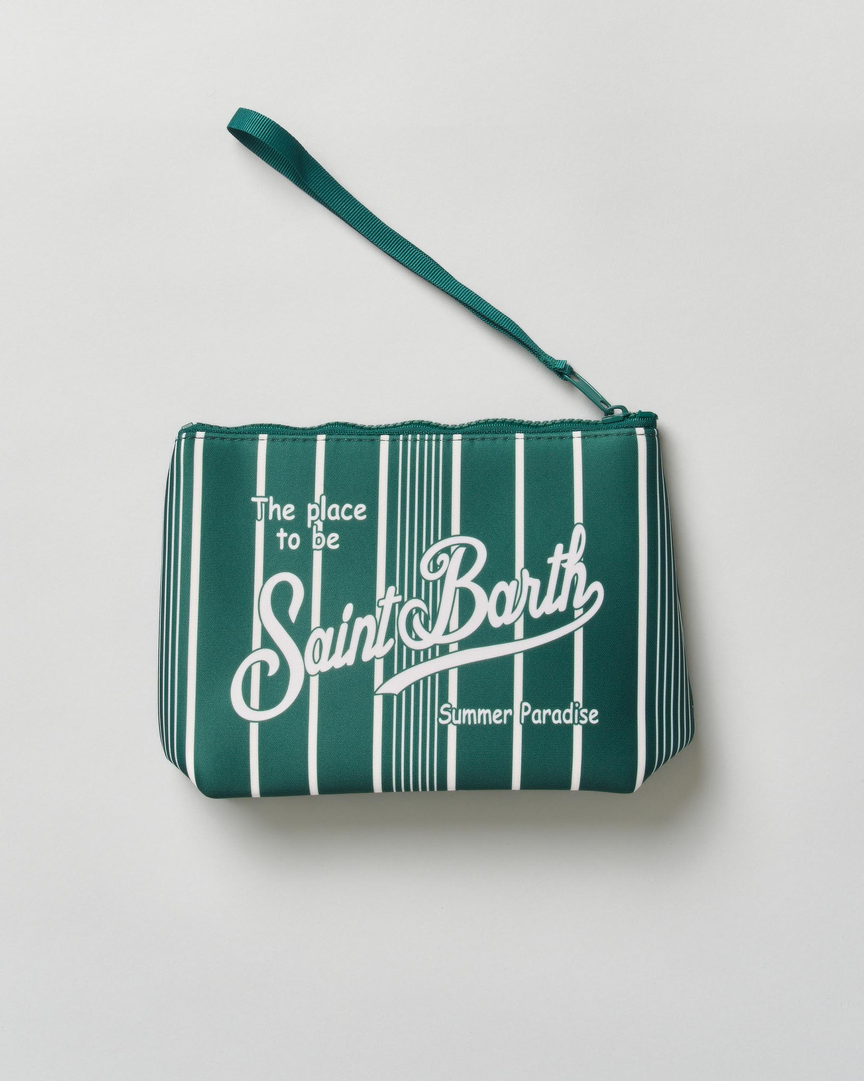 Pochette MC2 Saint Barth Aline verde a righe bianche in neoprene con logo in contrasto image