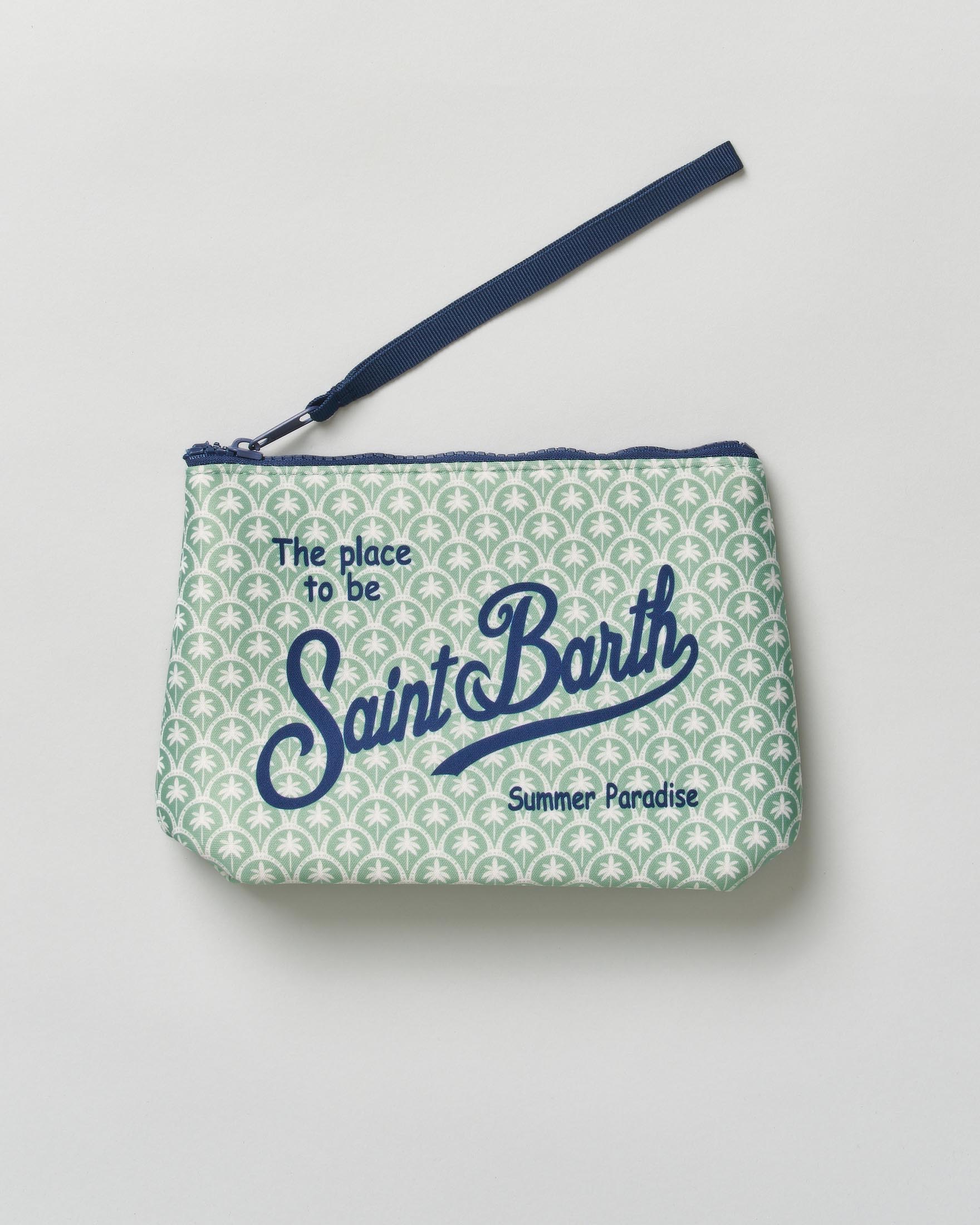 Pochette MC2 Saint Barth Aline salvia in neoprene con stampa palmette bianche