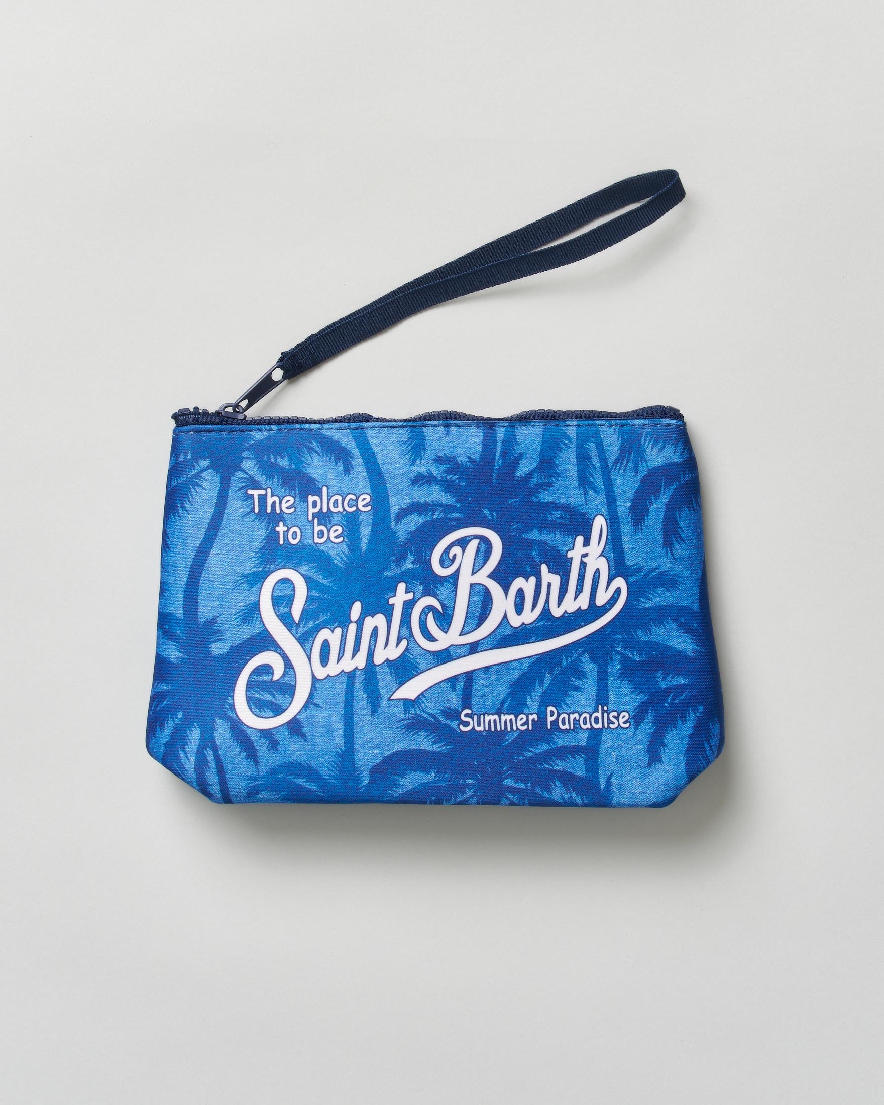 Pochette MC2 Saint Barth Aline blu royal in neoprene con stampa palme soffusa
