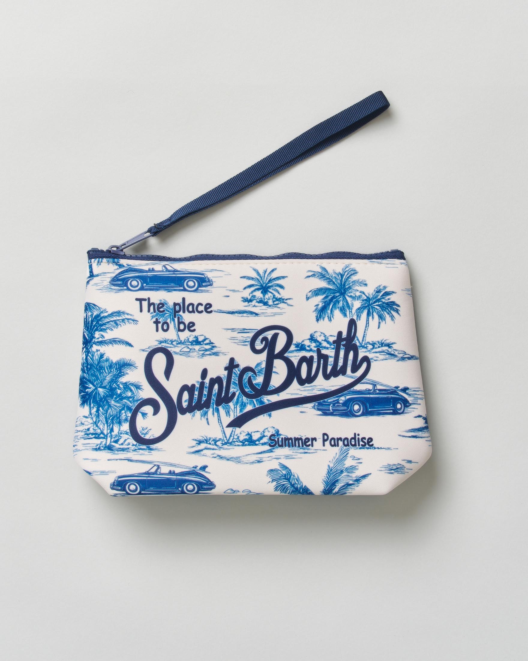 Pochette MC2 Saint Barth Aline bianca in neoprene con stampa beach car blu