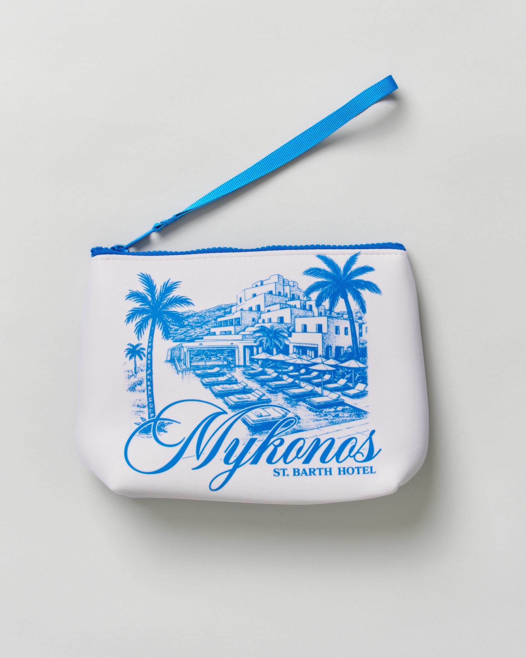 Pochette MC2 Saint Barth Aline bianca in neoprene con stampa Mykonos hotel