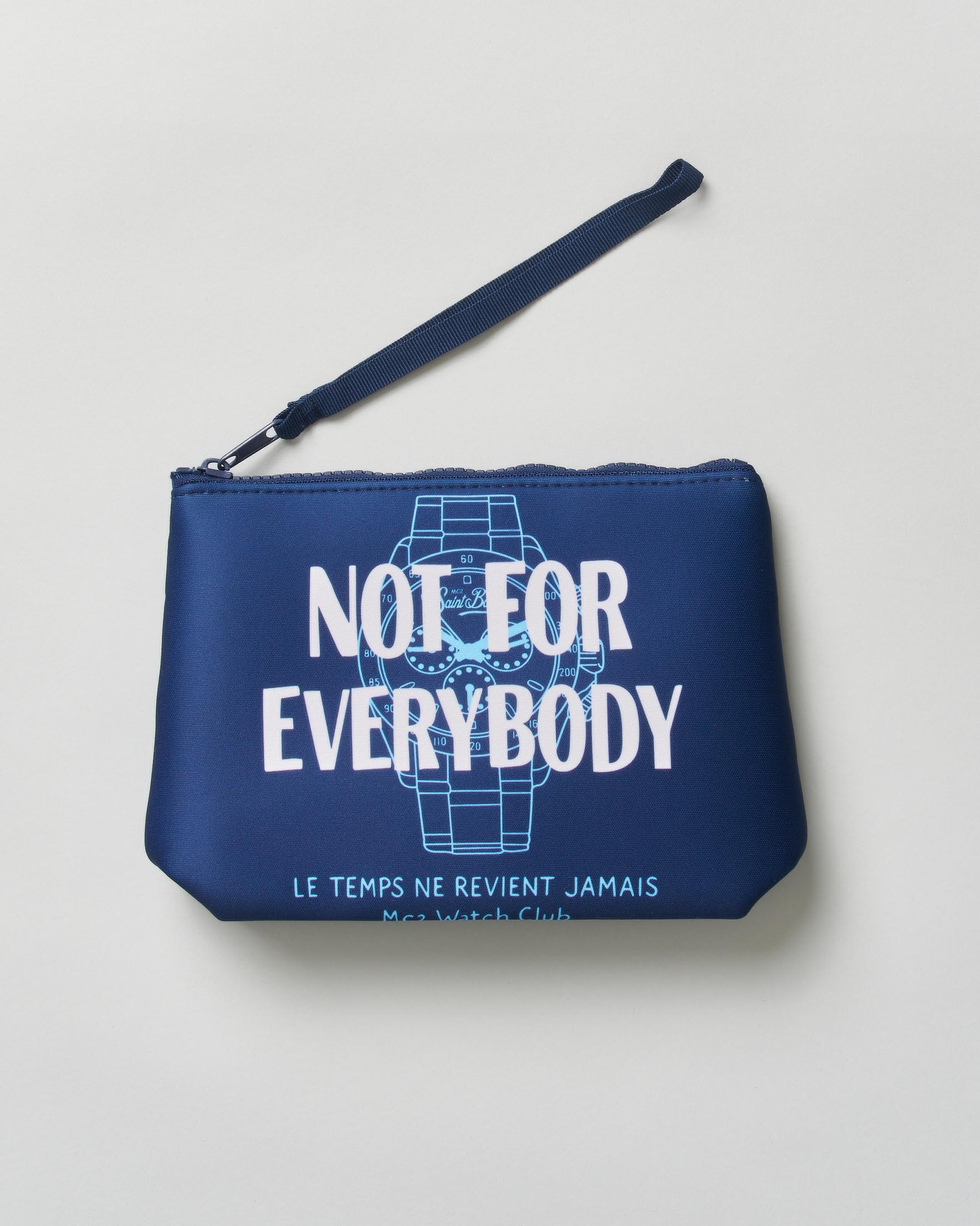 Pochette MC2 Saint Barth Aline blu in neoprene con stampa grafica orologio e scritta Not For Everybody