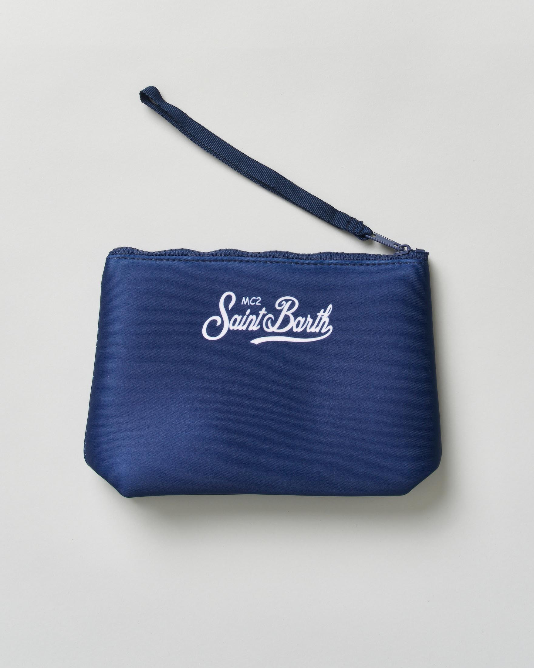 Pochette MC2 Saint Barth Aline blu in neoprene con stampa grafica orologio e scritta Not For Everybody image