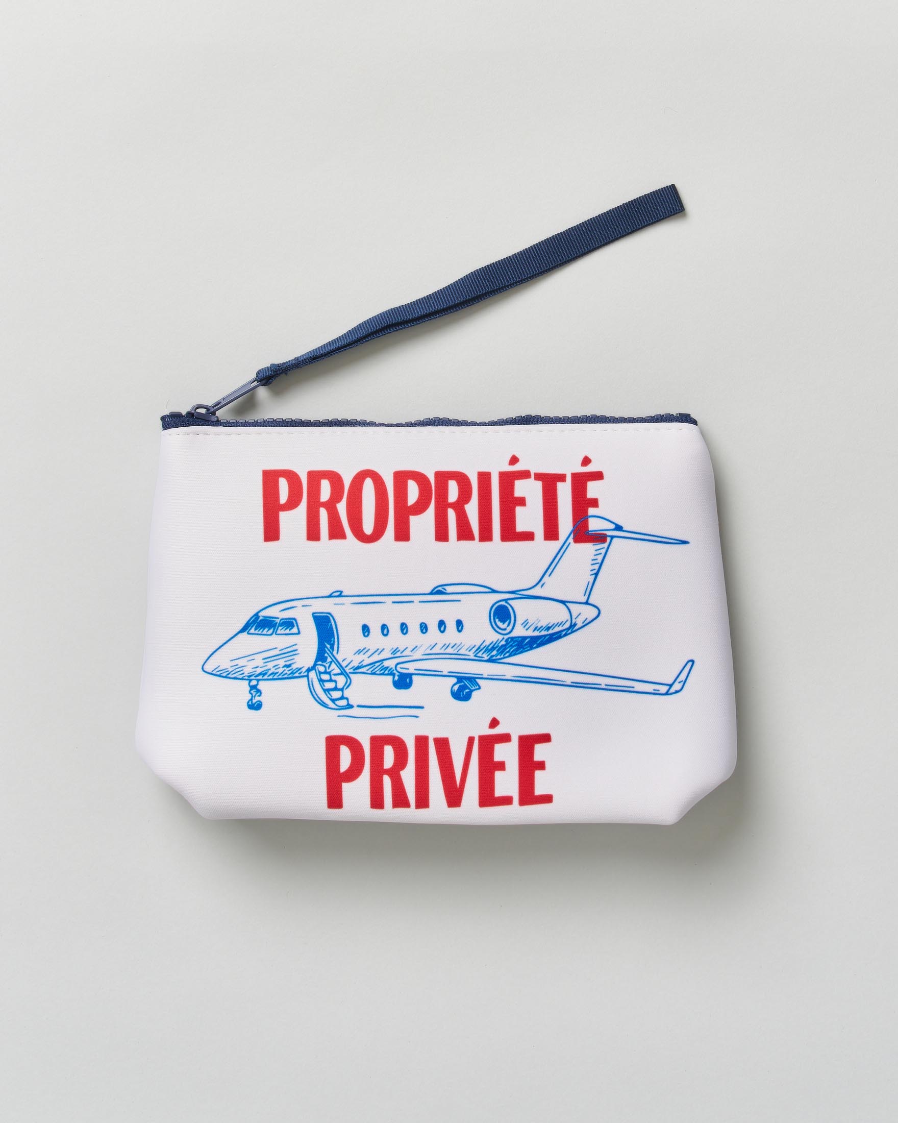 Pochette Aline bianca in neoprene con stampa grafica aereo e scritta Propriété Privée