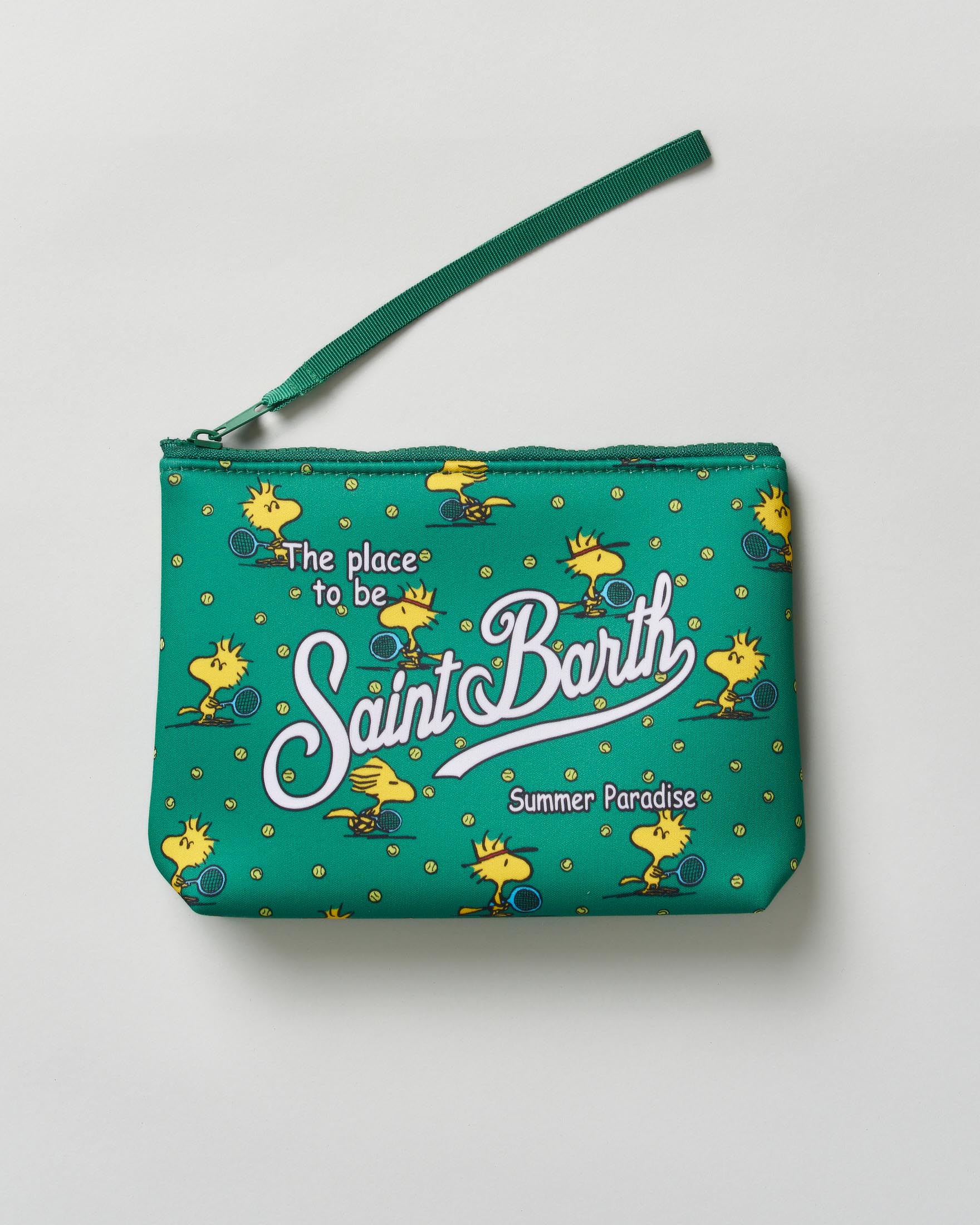 Pochette Aline verde in neoprene con grafica Woodstock tennista