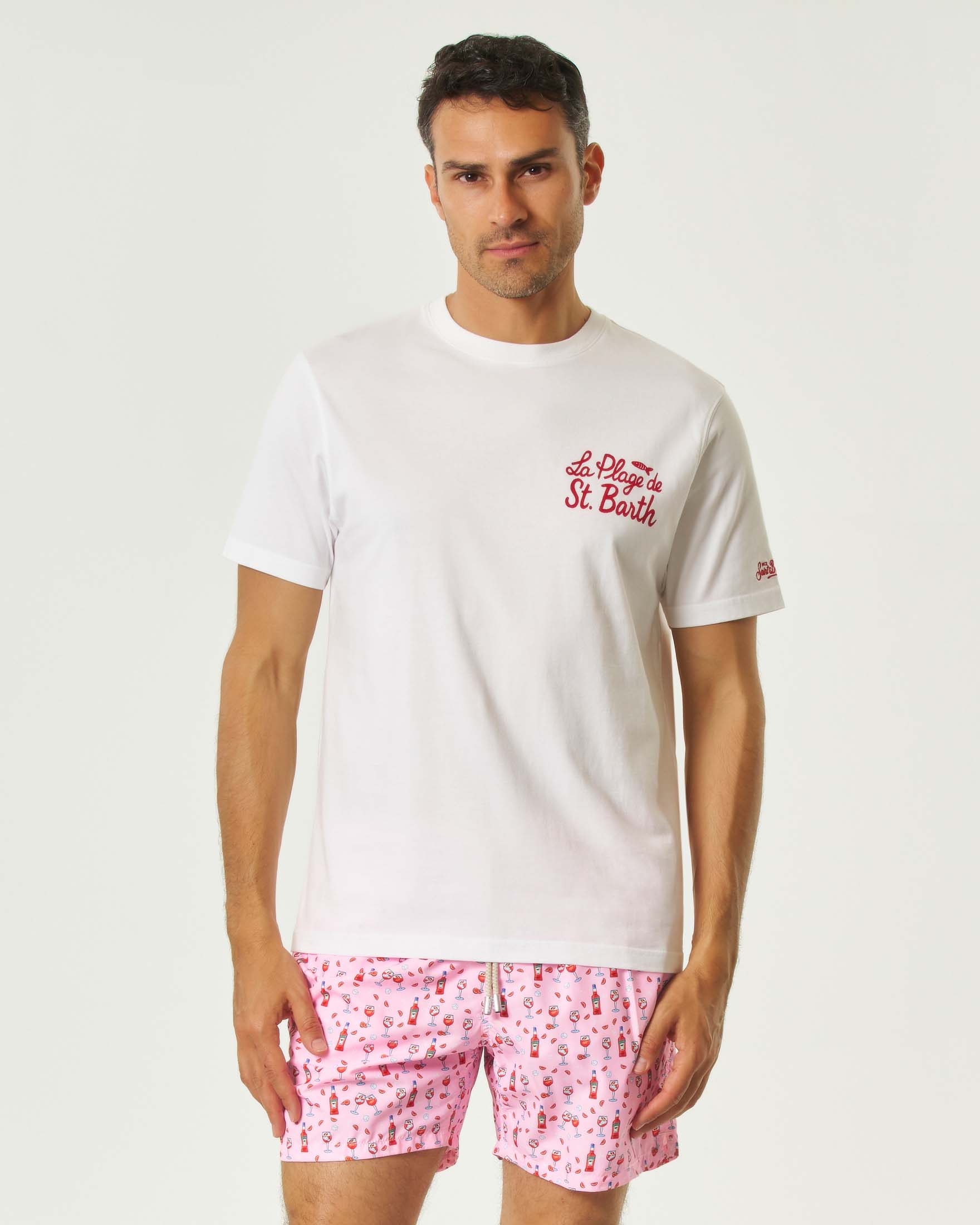 T-shirt MC2 Saint Barth bianca con stampa La Plage de St. Barth fronte e retro