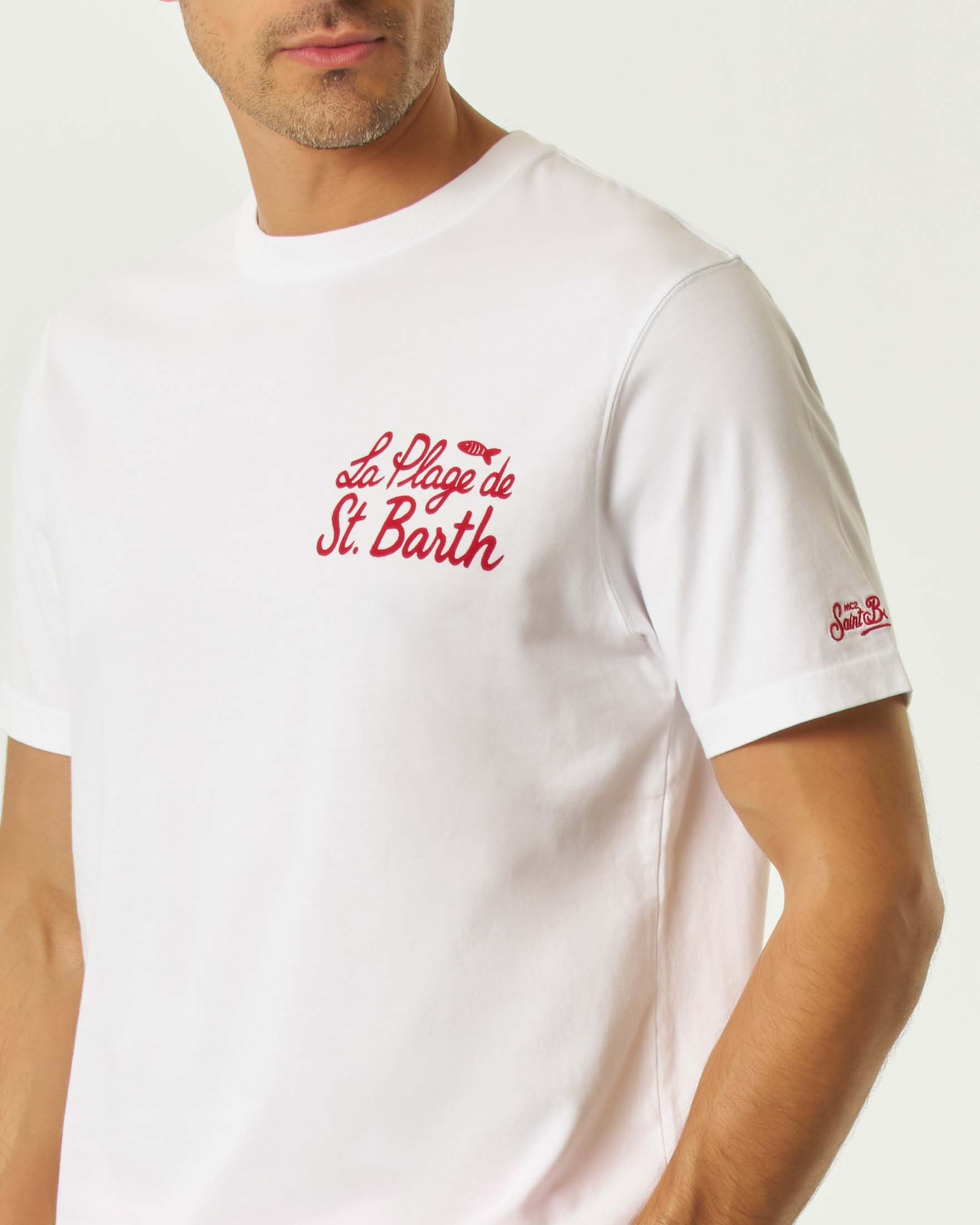 T-shirt MC2 Saint Barth bianca con stampa La Plage de St. Barth fronte e retro image