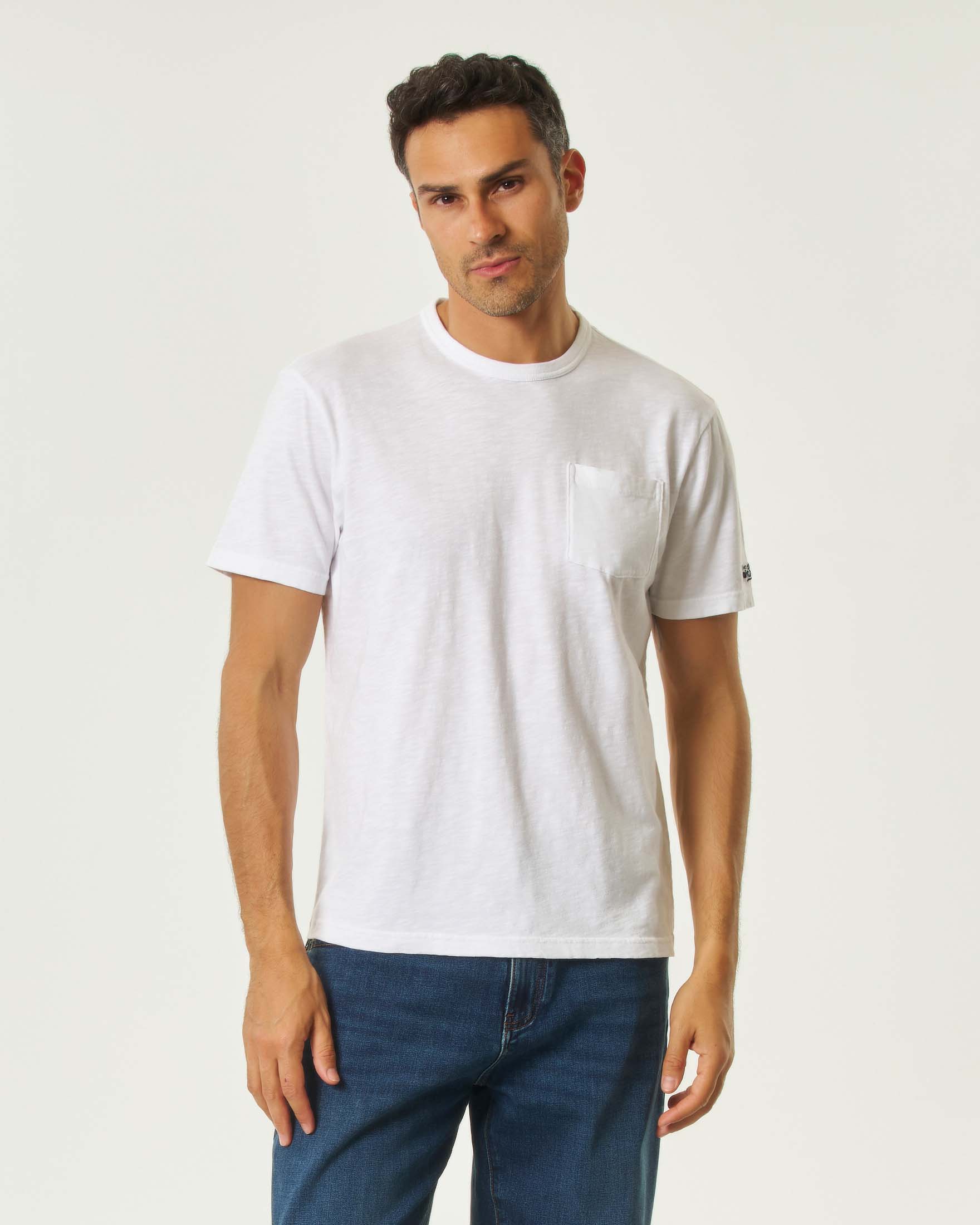 T-shirt bianca mezza manica in puro cotone fiammato con taschino sul petto