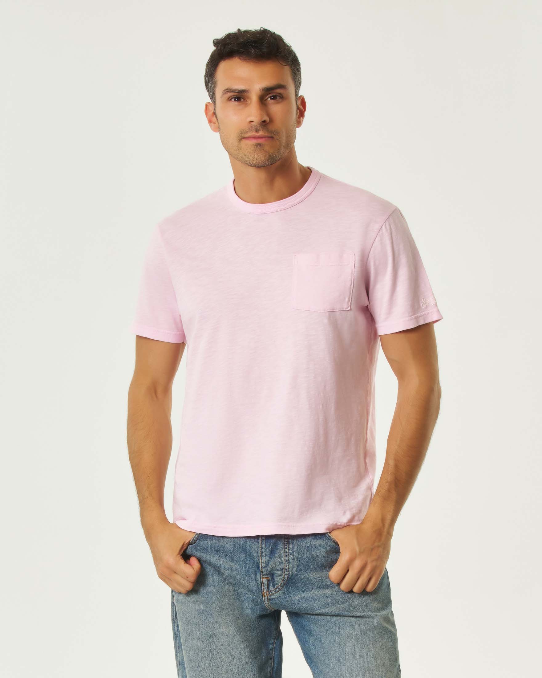 T-shirt rosa MC2 Saint Barth mezza manica in puro cotone fiammato con taschino sul petto