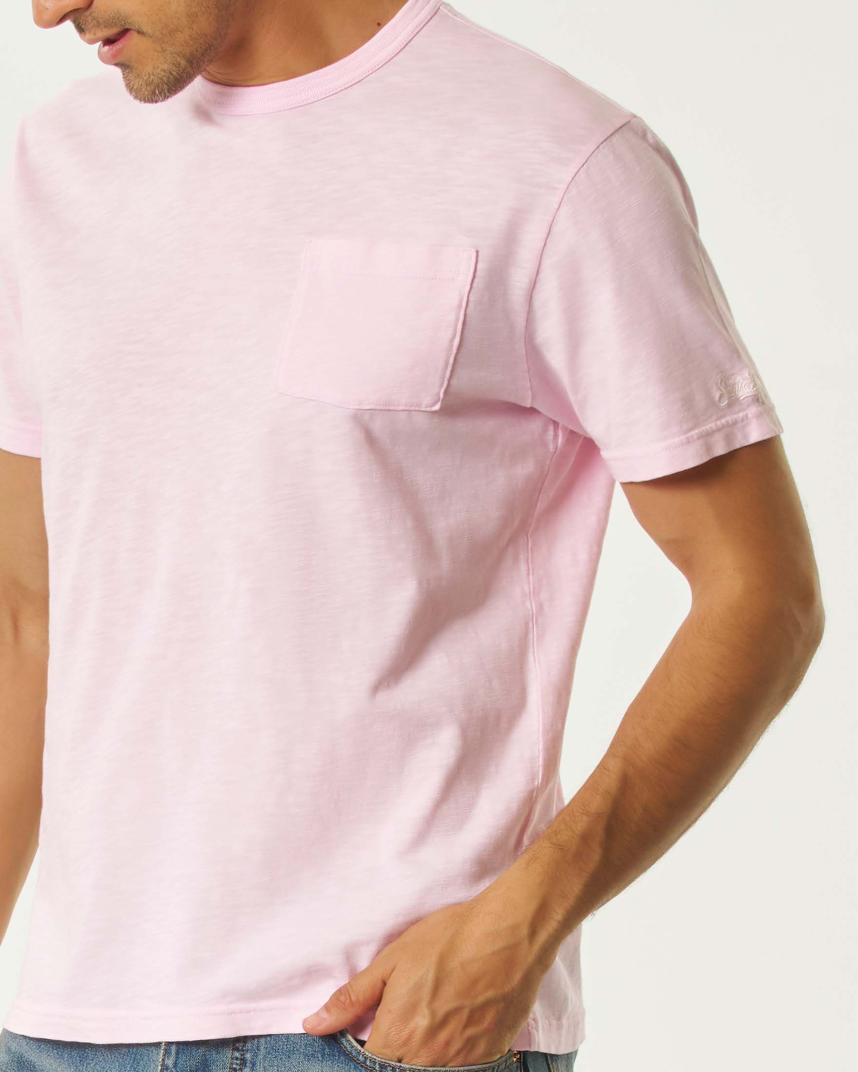T-shirt rosa MC2 Saint Barth mezza manica in puro cotone fiammato con taschino sul petto image