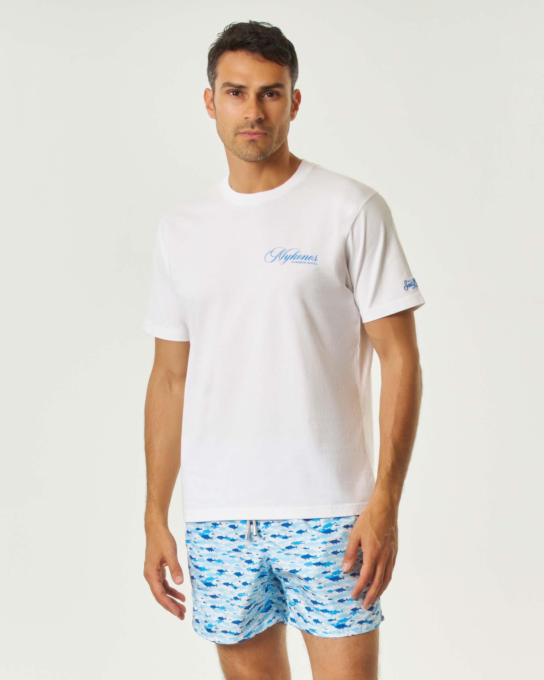T-shirt bianca mezza manica con stampa grafica Mykonos fronte e retro