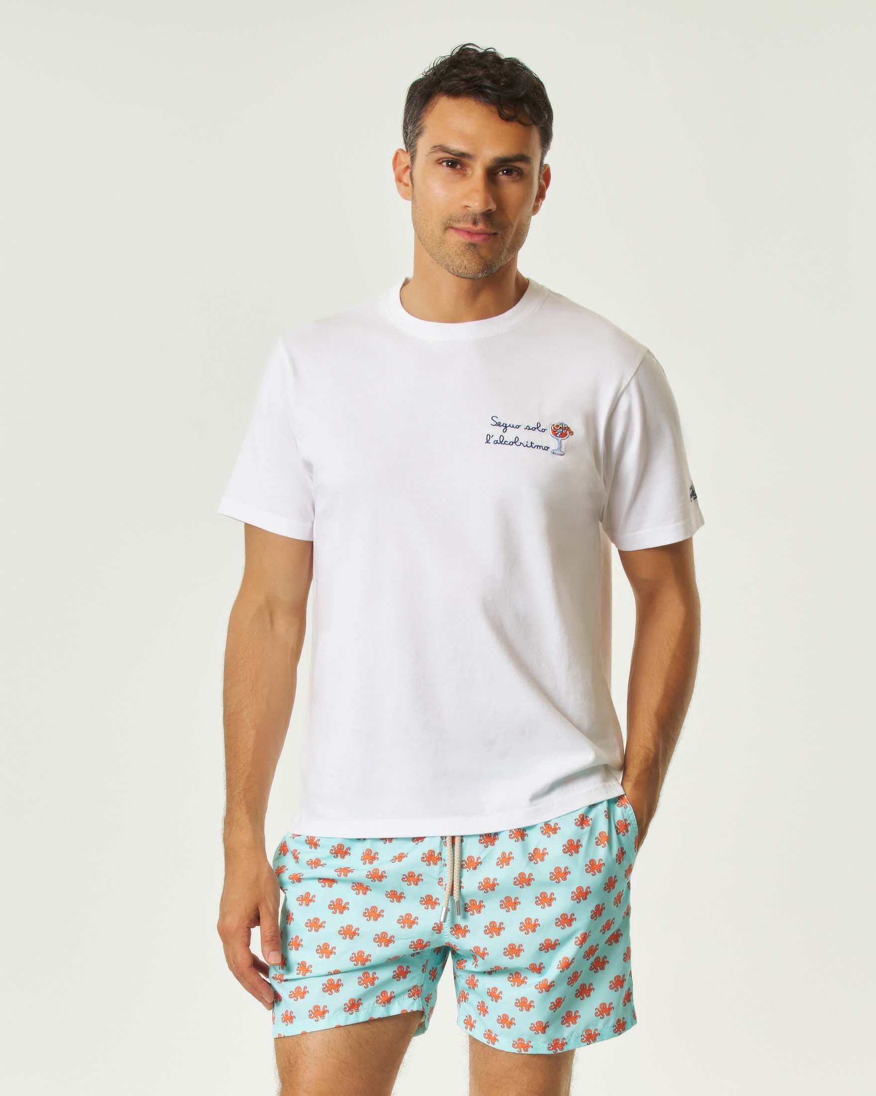 T-shirt MC2 Saint Barth bianca mezza manica con ricamo Seguo solo l'alcolritmo sul petto