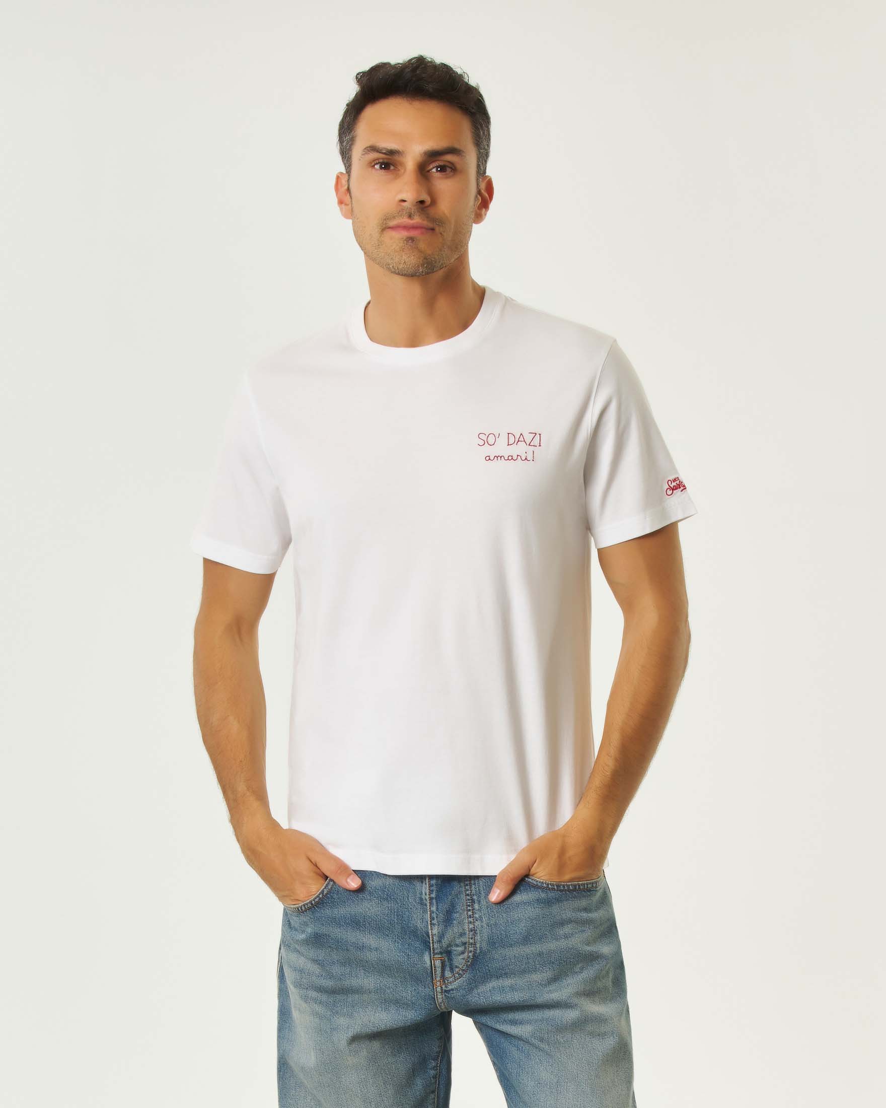 T-shirt MC2 Saint Barth bianca mezza manica con ricamo So'Dazi amari! sul petto