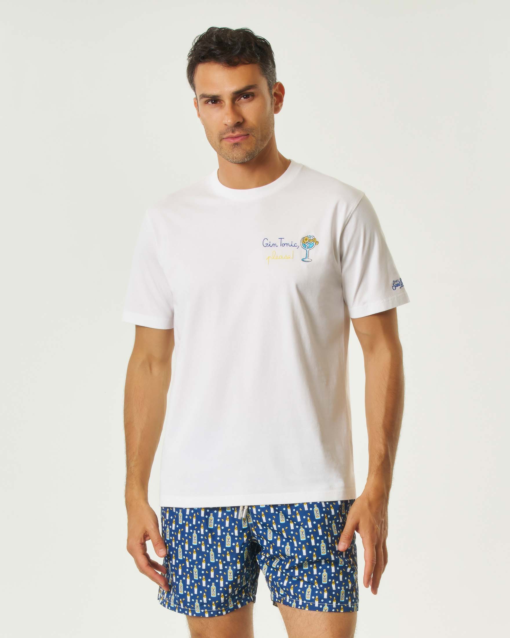 T-shirt MC2 Saint Barth bianca mezza manica con ricamo Gin Tonic please! sul petto