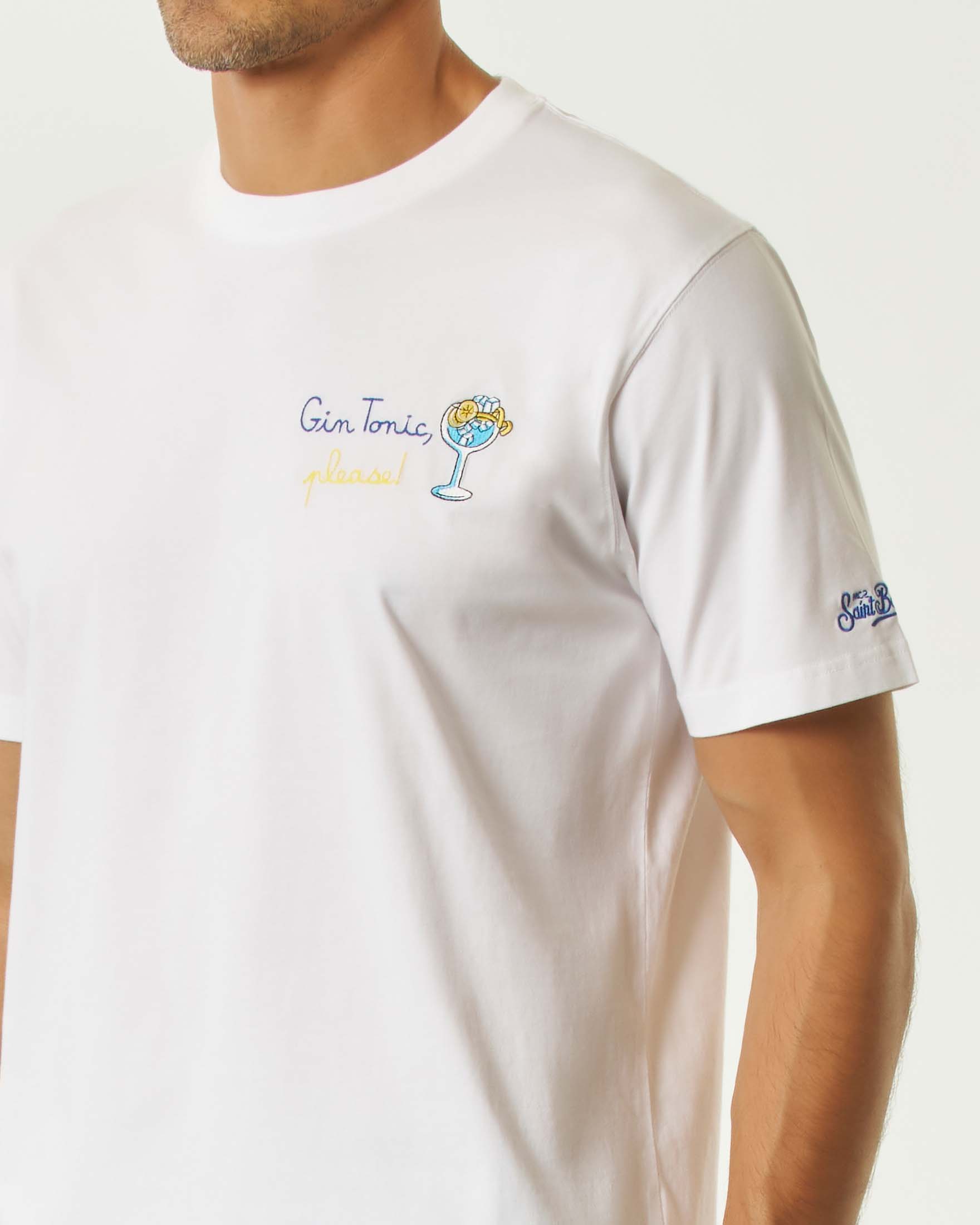 T-shirt MC2 Saint Barth bianca mezza manica con ricamo Gin Tonic please! sul petto image