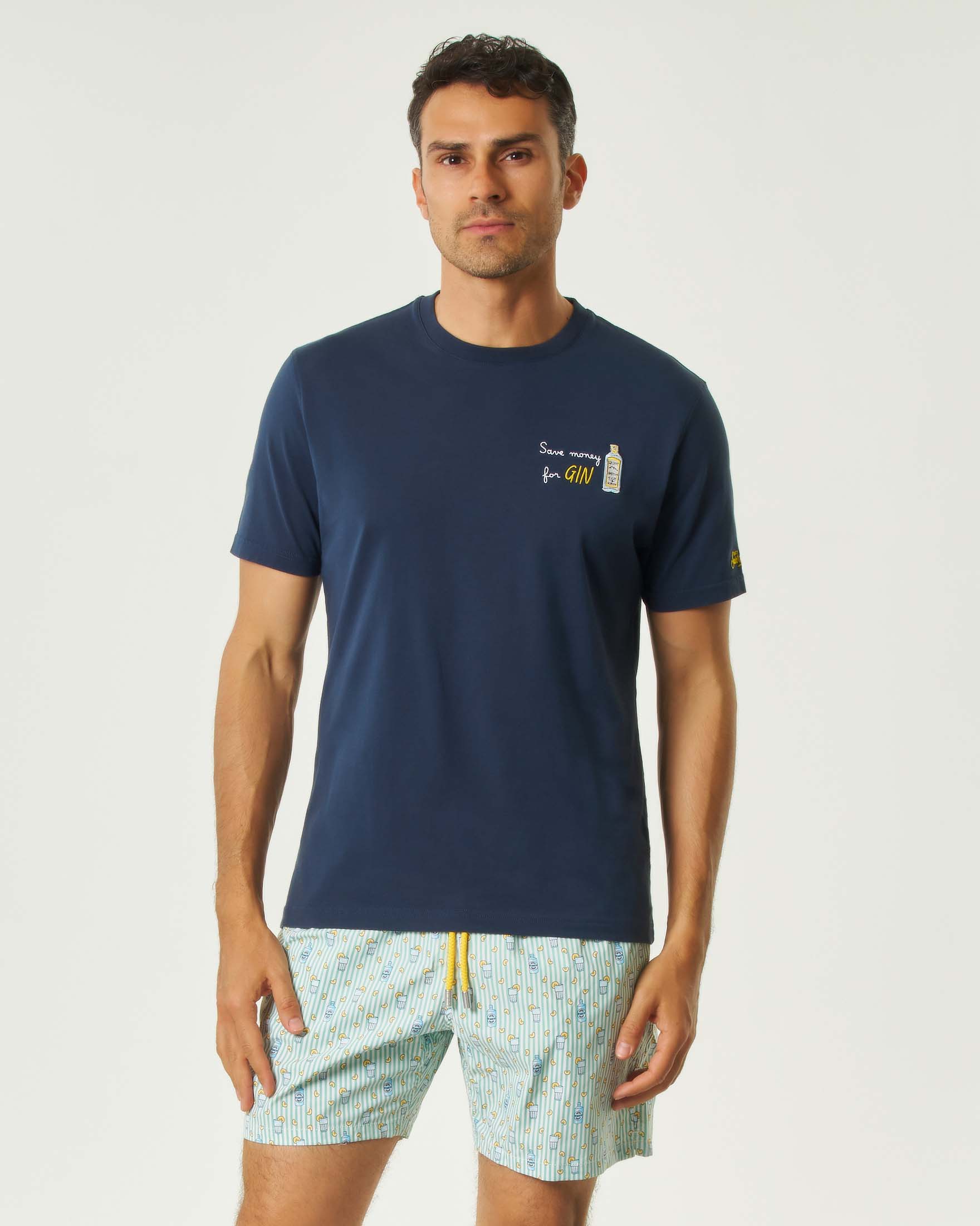 T-shirt blu mezza manica con ricamo Save money for GIN sul petto