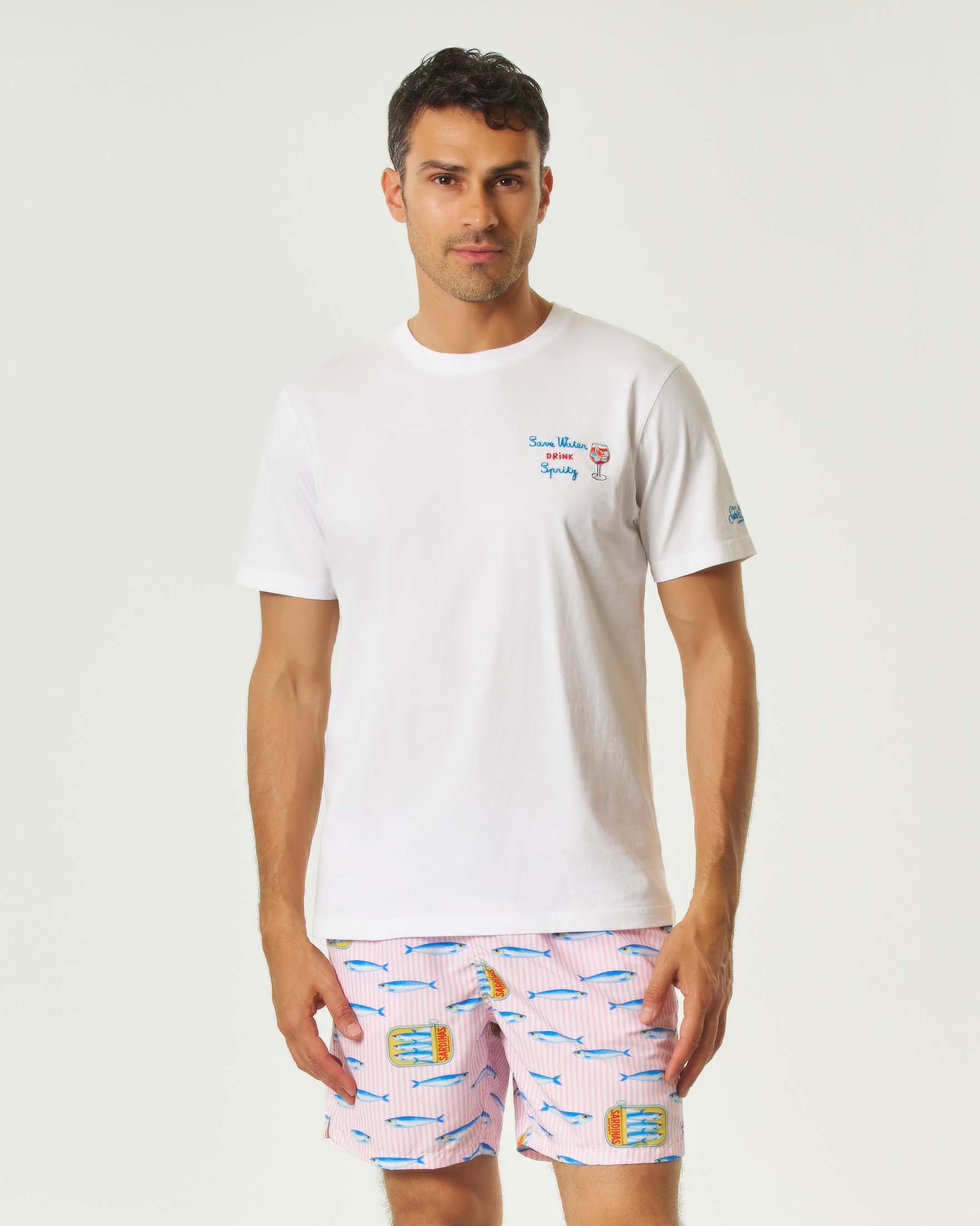 T-shirt bianca mezza manica con ricamo Save water drink spritz sul petto