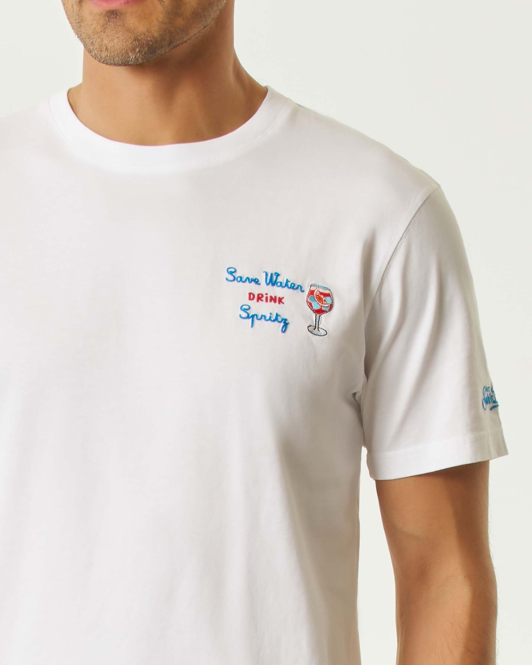 T-shirt MC2 Saint Barth bianca mezza manica con ricamo Save water drink spritz sul petto image