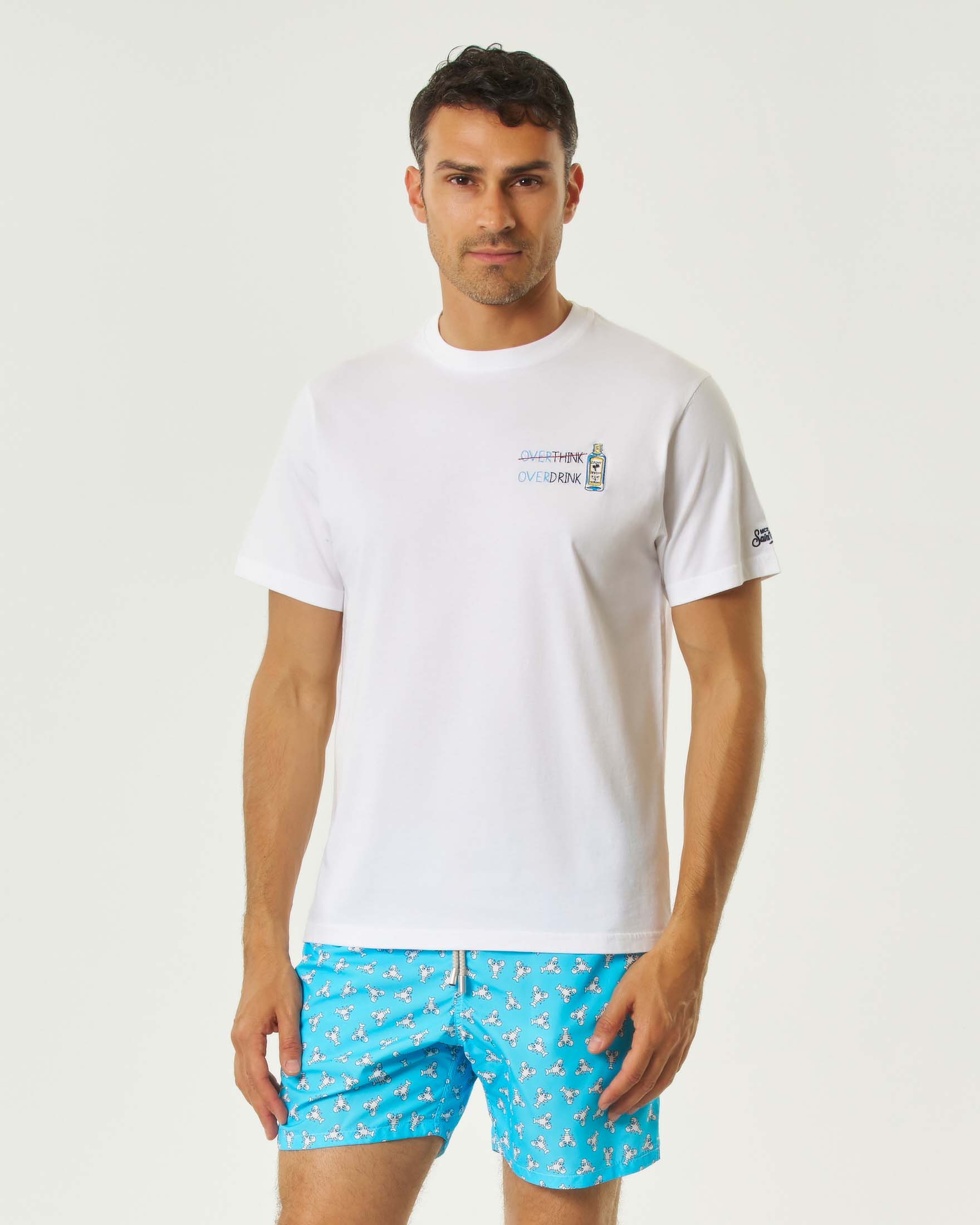 T-shirt bianca mezza manica con ricamo Overdrink sul petto