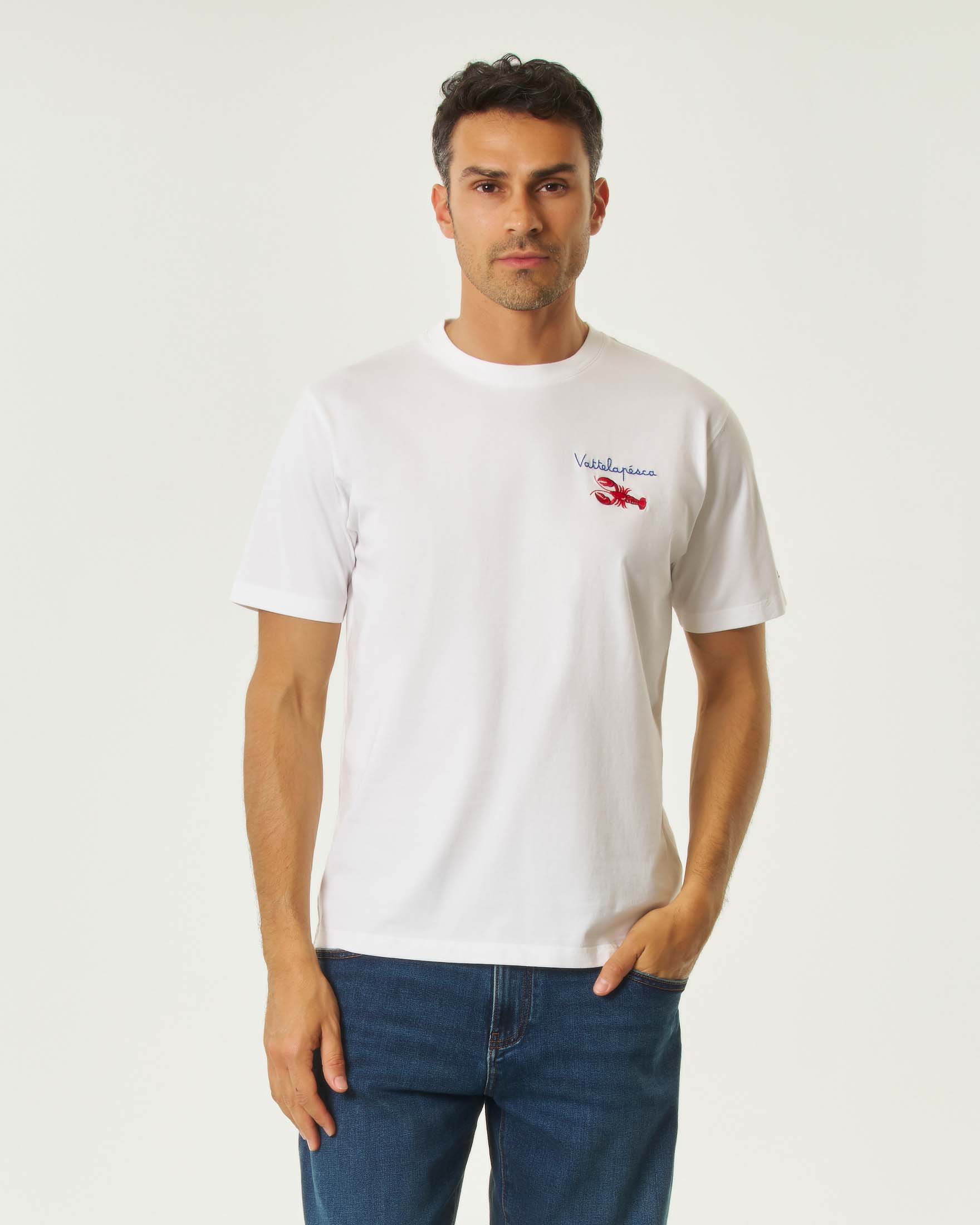 T-shirt bianca mezza manica con ricamo Vattelapésca sul petto