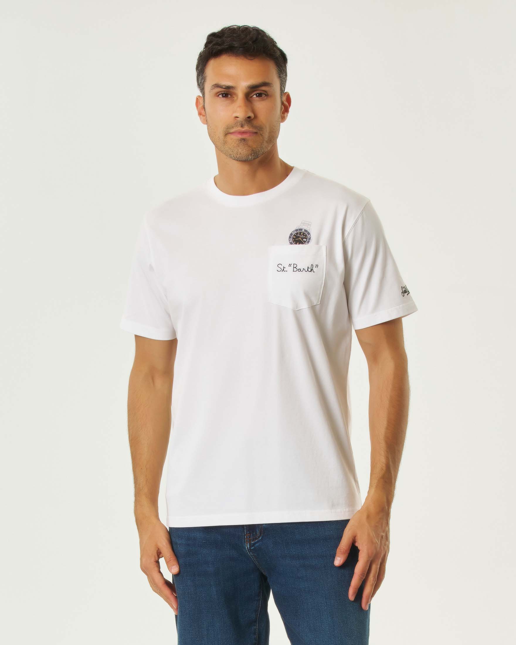 T-shirt MC2 Saint Barth bianca mezza manica con taschino e stampa orologio sul petto