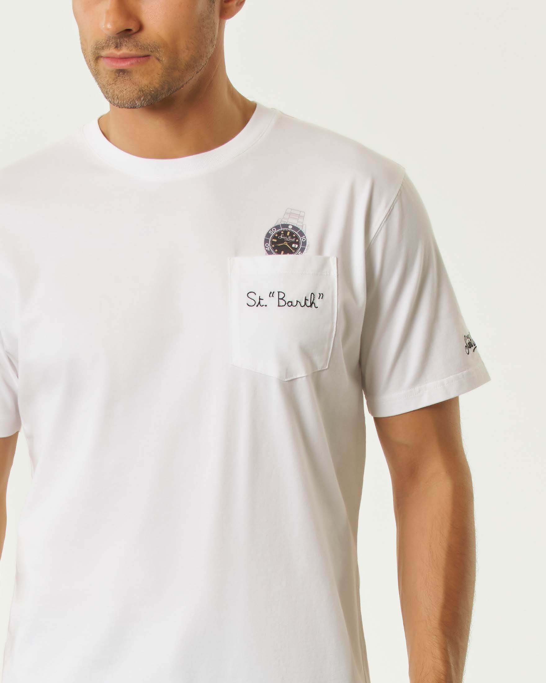 T-shirt MC2 Saint Barth bianca mezza manica con taschino e stampa orologio sul petto image