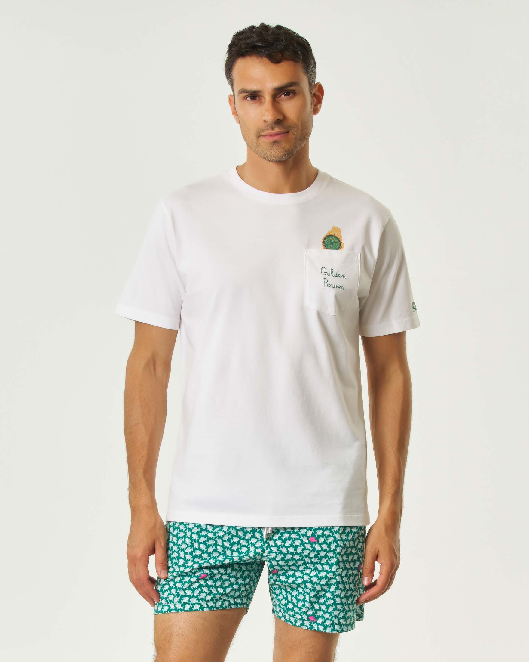 T-shirt MC2 Saint Barth bianca mezza manica con taschino e stampa orologio sul petto